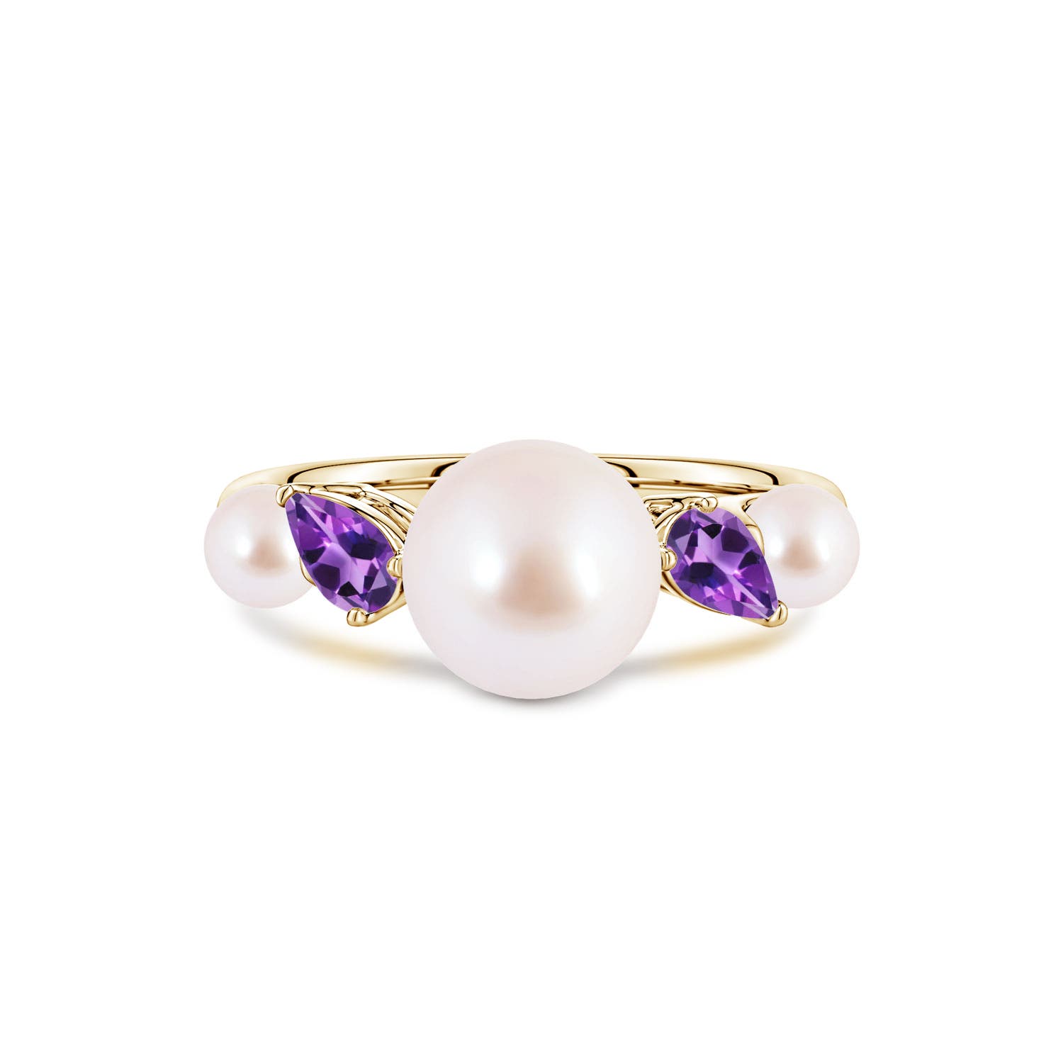 8mm AAA Akoya Pearl and Tilted Pear Amethyst Tapered Shank Ring in 18K Yellow Gold