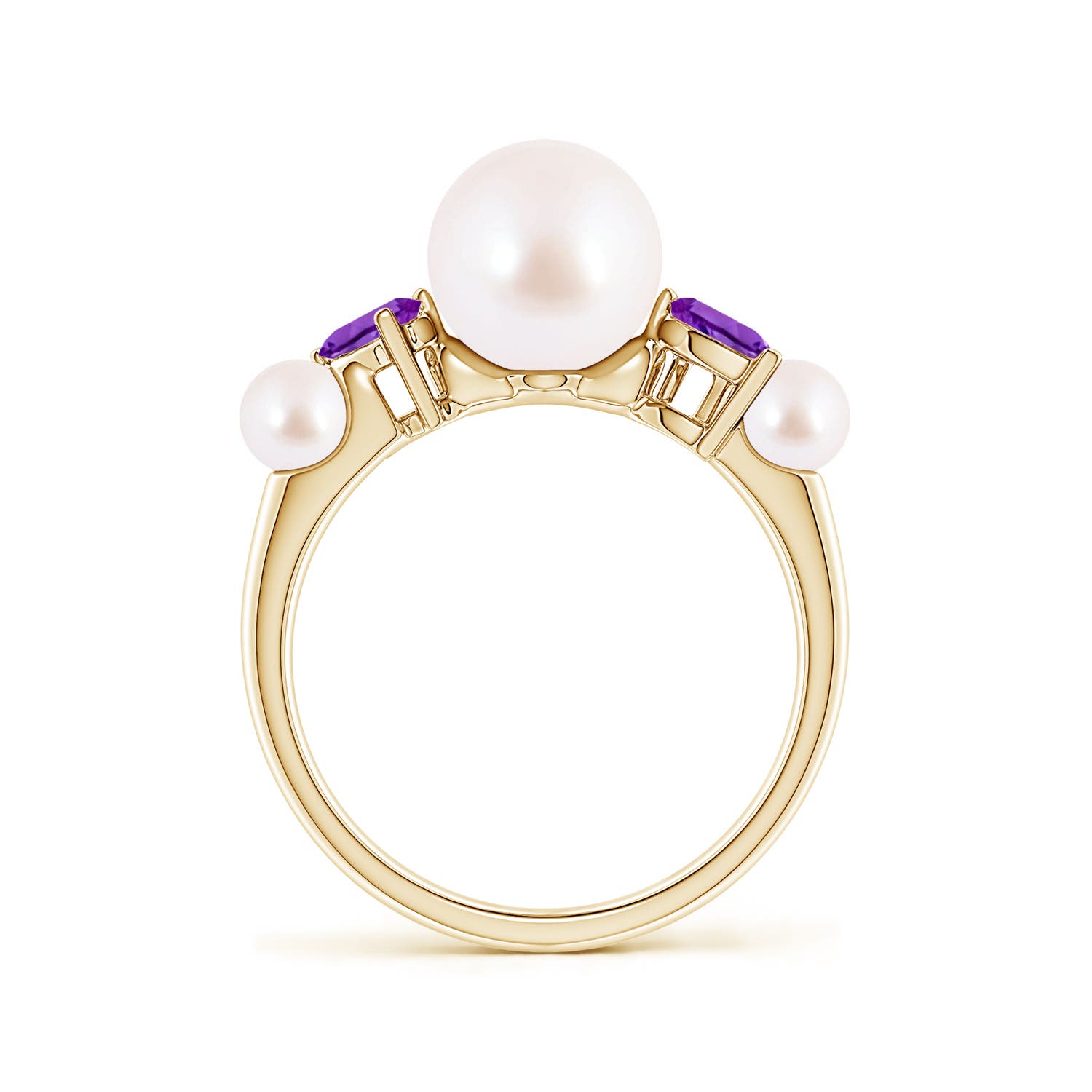 8mm AAA Akoya Pearl and Tilted Pear Amethyst Tapered Shank Ring in 18K Yellow Gold