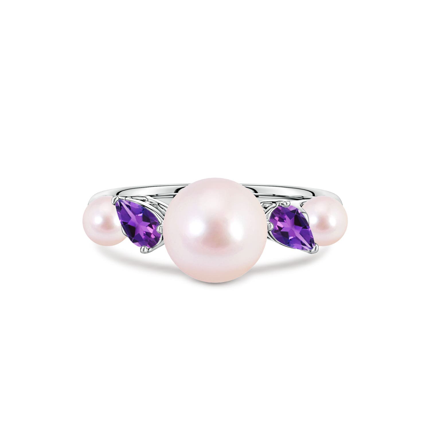 8mm AAAA Akoya Pearl and Tilted Pear Amethyst Tapered Shank Ring in White Gold