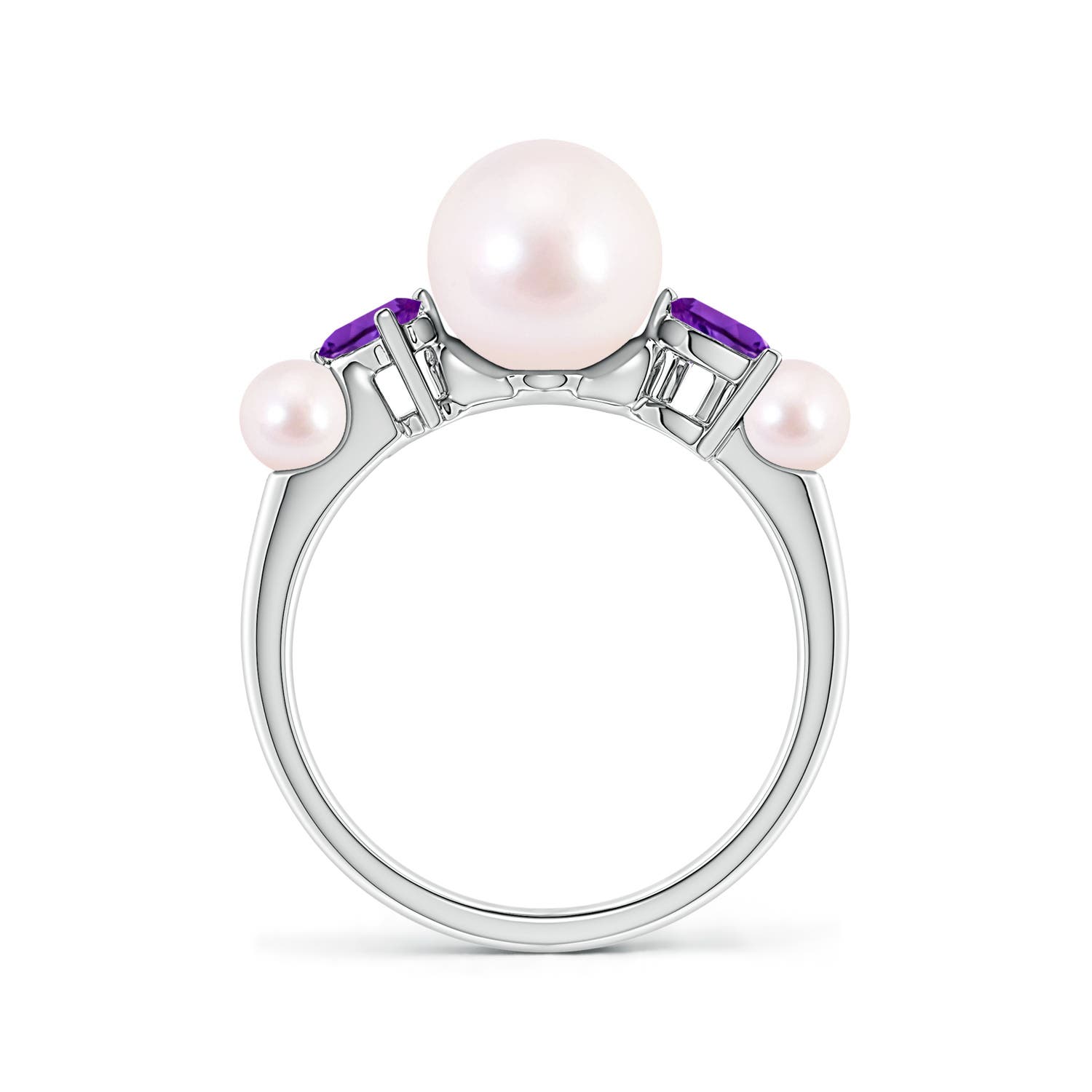 8mm AAAA Akoya Pearl and Tilted Pear Amethyst Tapered Shank Ring in White Gold