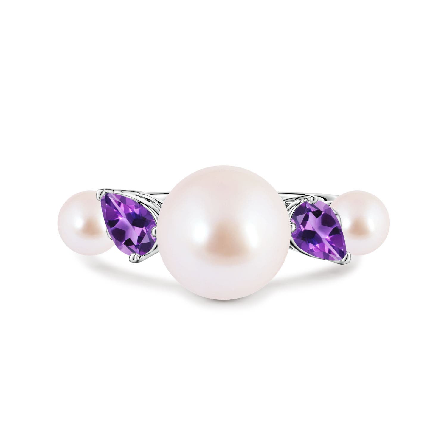 9mm AAA Akoya Pearl and Tilted Pear Amethyst Tapered Shank Ring in 18CT White Gold