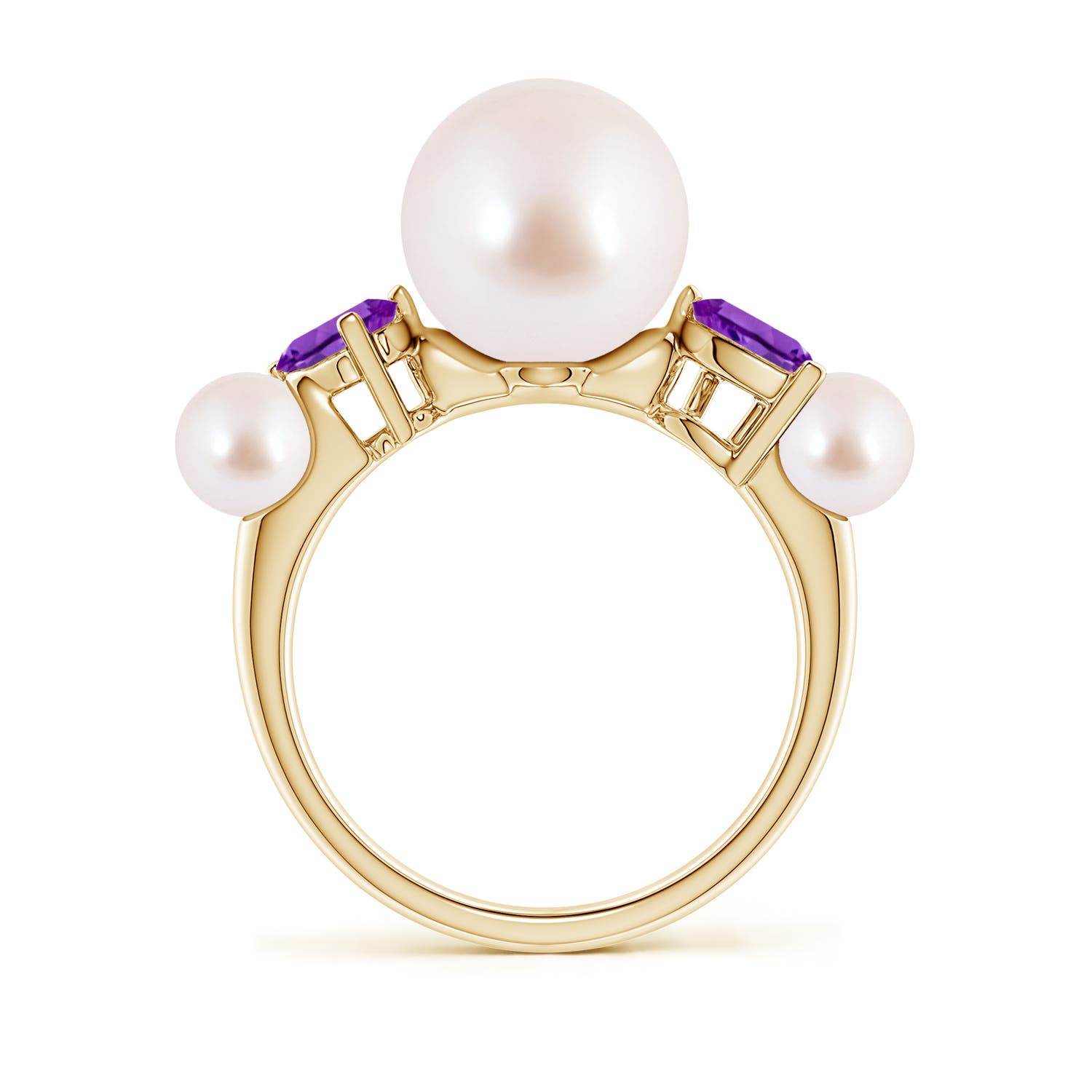 9mm AAA Akoya Pearl and Tilted Pear Amethyst Tapered Shank Ring in 18K Yellow Gold