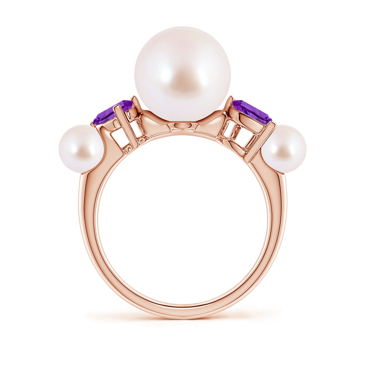 9mm AAA Akoya Pearl and Tilted Pear Amethyst Tapered Shank Ring in Rose Gold