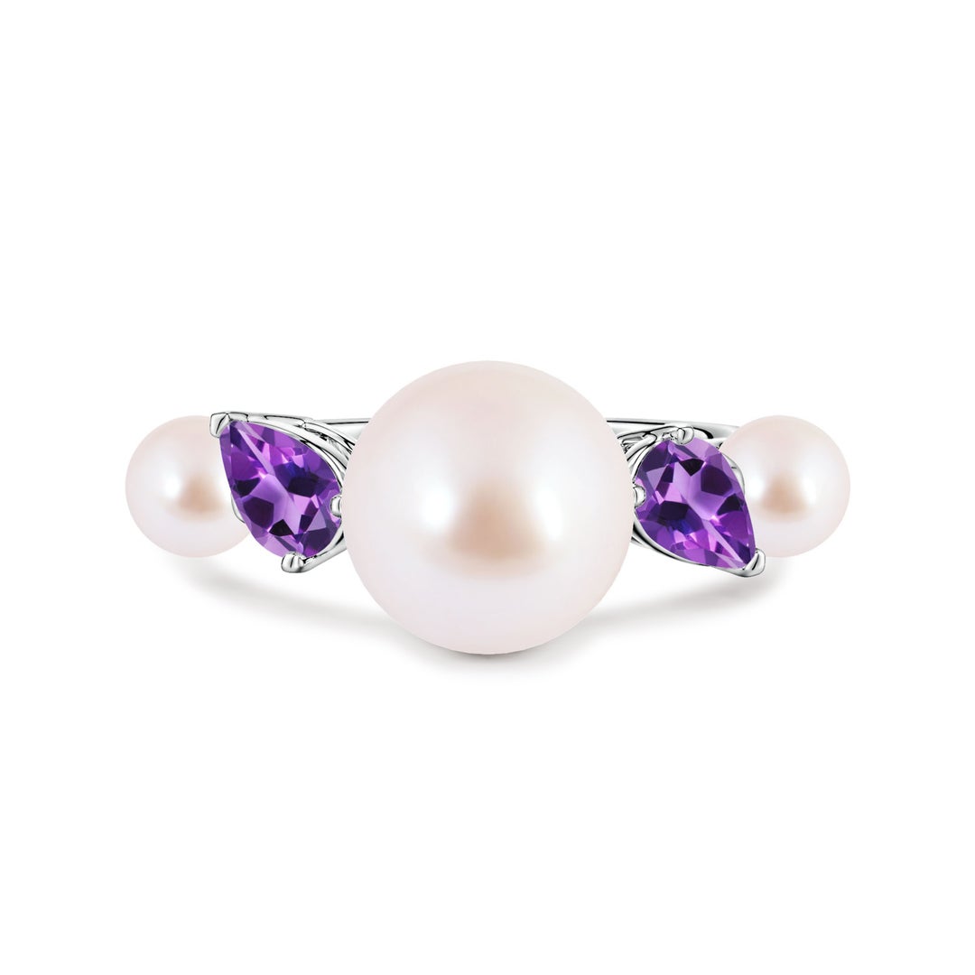 9mm AAA Akoya Pearl and Tilted Pear Amethyst Tapered Shank Ring in White Gold
