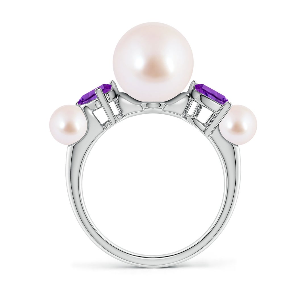 9mm AAA Akoya Pearl and Tilted Pear Amethyst Tapered Shank Ring in White Gold - side 2