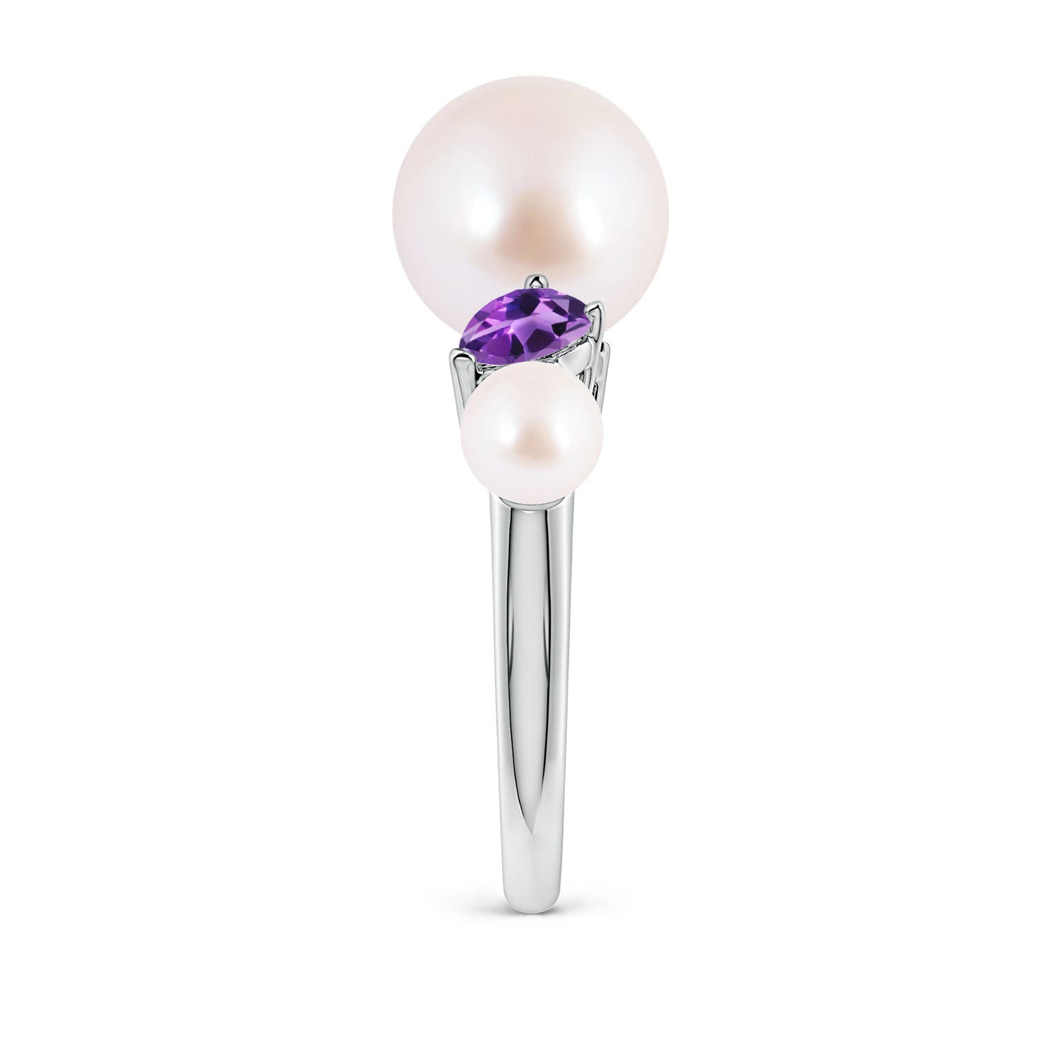 9mm AAA Akoya Pearl and Tilted Pear Amethyst Tapered Shank Ring in White Gold - side 3