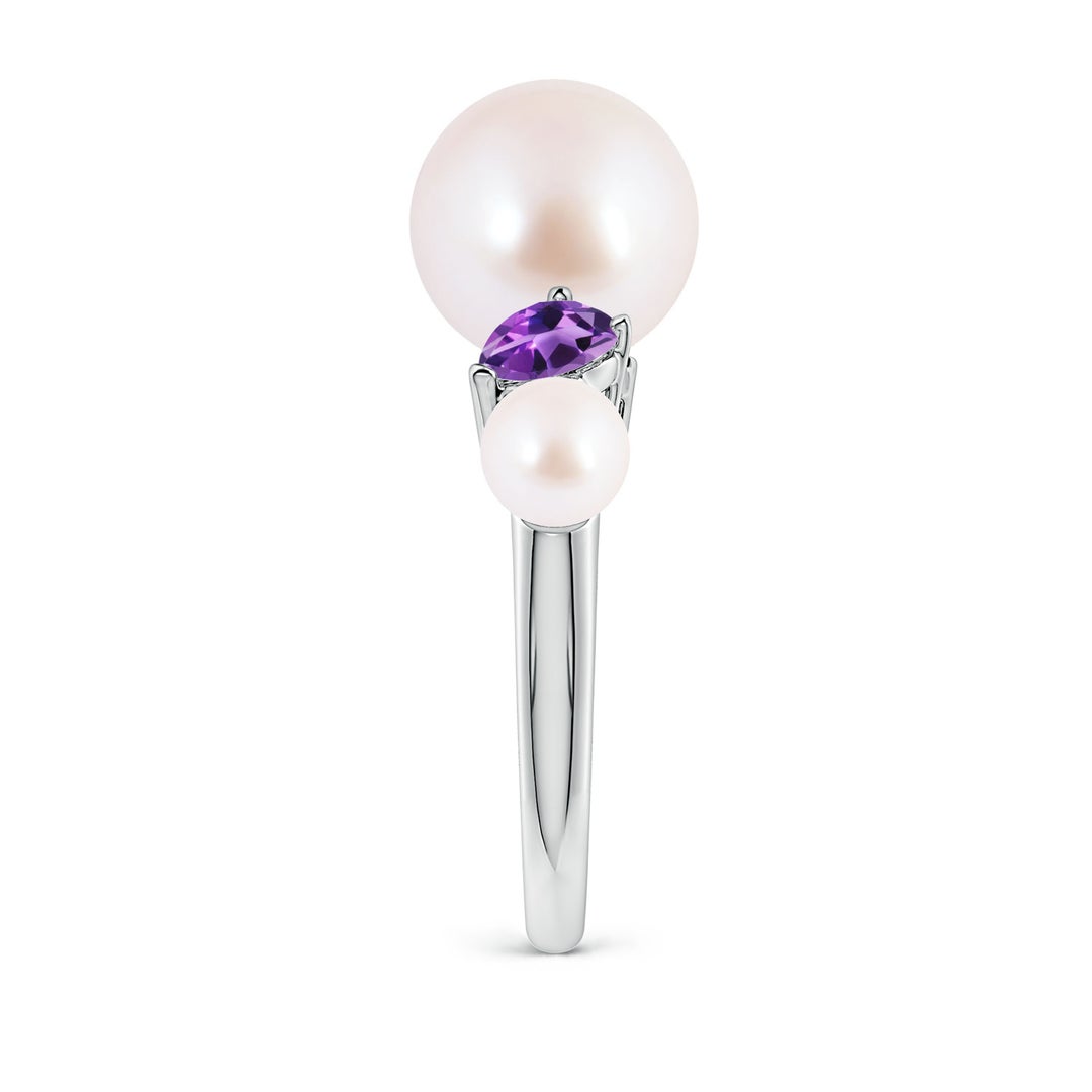 9mm AAA Akoya Pearl and Tilted Pear Amethyst Tapered Shank Ring in White Gold - side 3