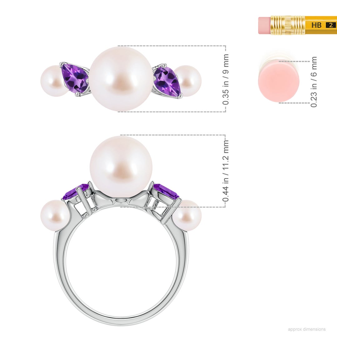 9mm AAA Akoya Pearl and Tilted Pear Amethyst Tapered Shank Ring in White Gold - ruler