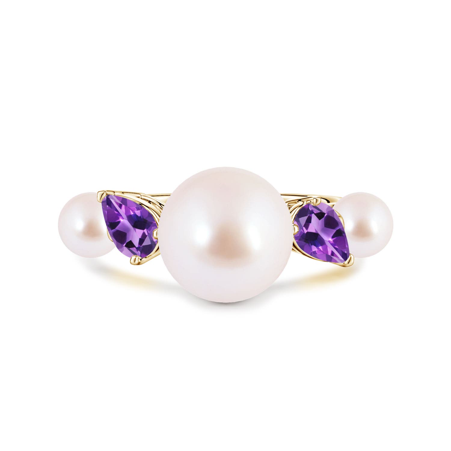 9mm AAA Akoya Pearl and Tilted Pear Amethyst Tapered Shank Ring in Yellow Gold