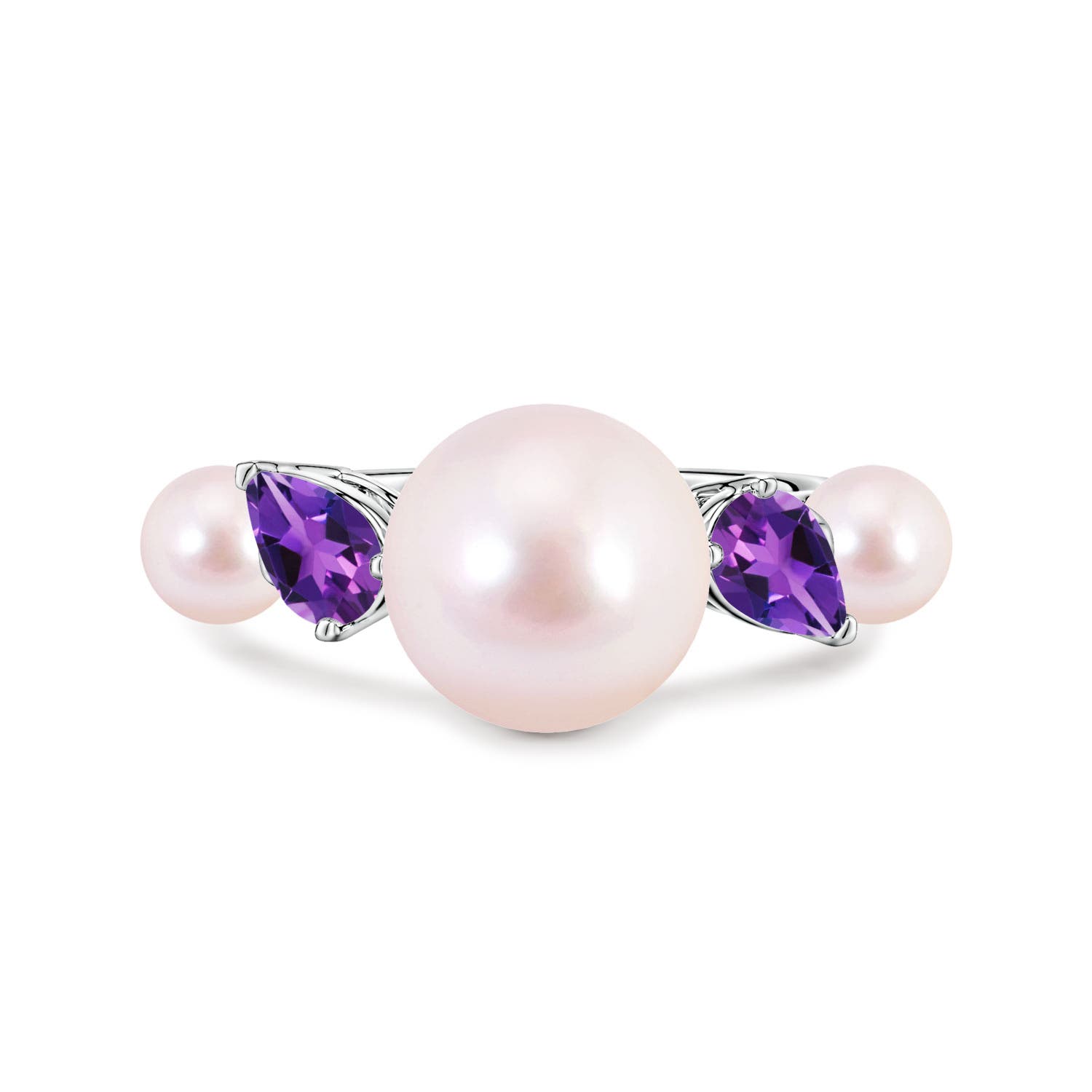 9mm AAAA Akoya Pearl and Tilted Pear Amethyst Tapered Shank Ring in White Gold