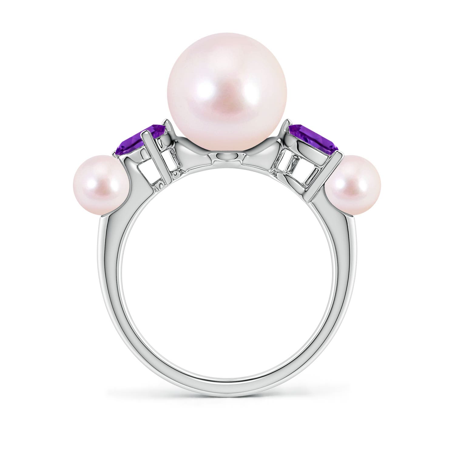 9mm AAAA Akoya Pearl and Tilted Pear Amethyst Tapered Shank Ring in White Gold
