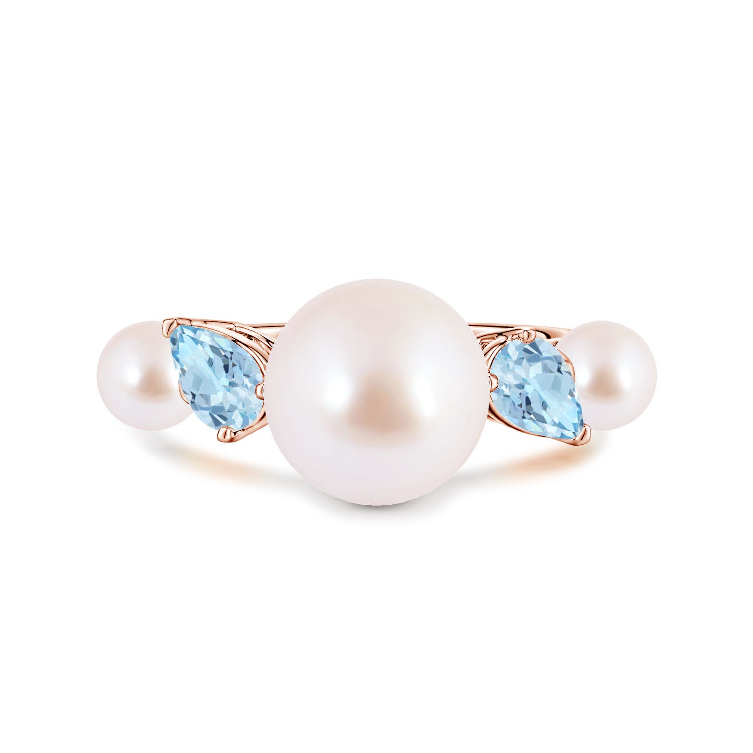 10mm AAA Akoya Pearl and Tilted Pear Aquamarine Tapered Shank Ring in Rose Gold