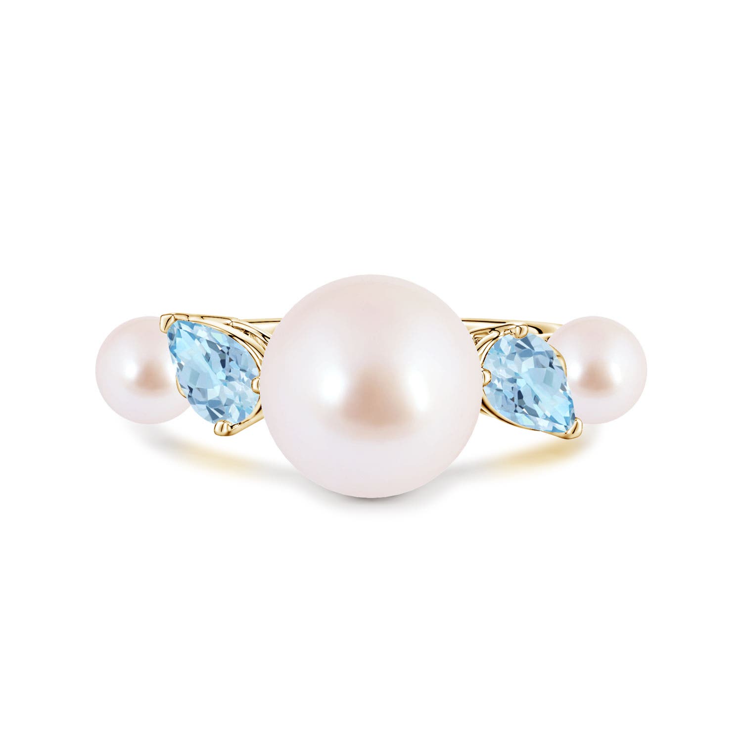 10mm AAA Akoya Pearl and Tilted Pear Aquamarine Tapered Shank Ring in Yellow Gold