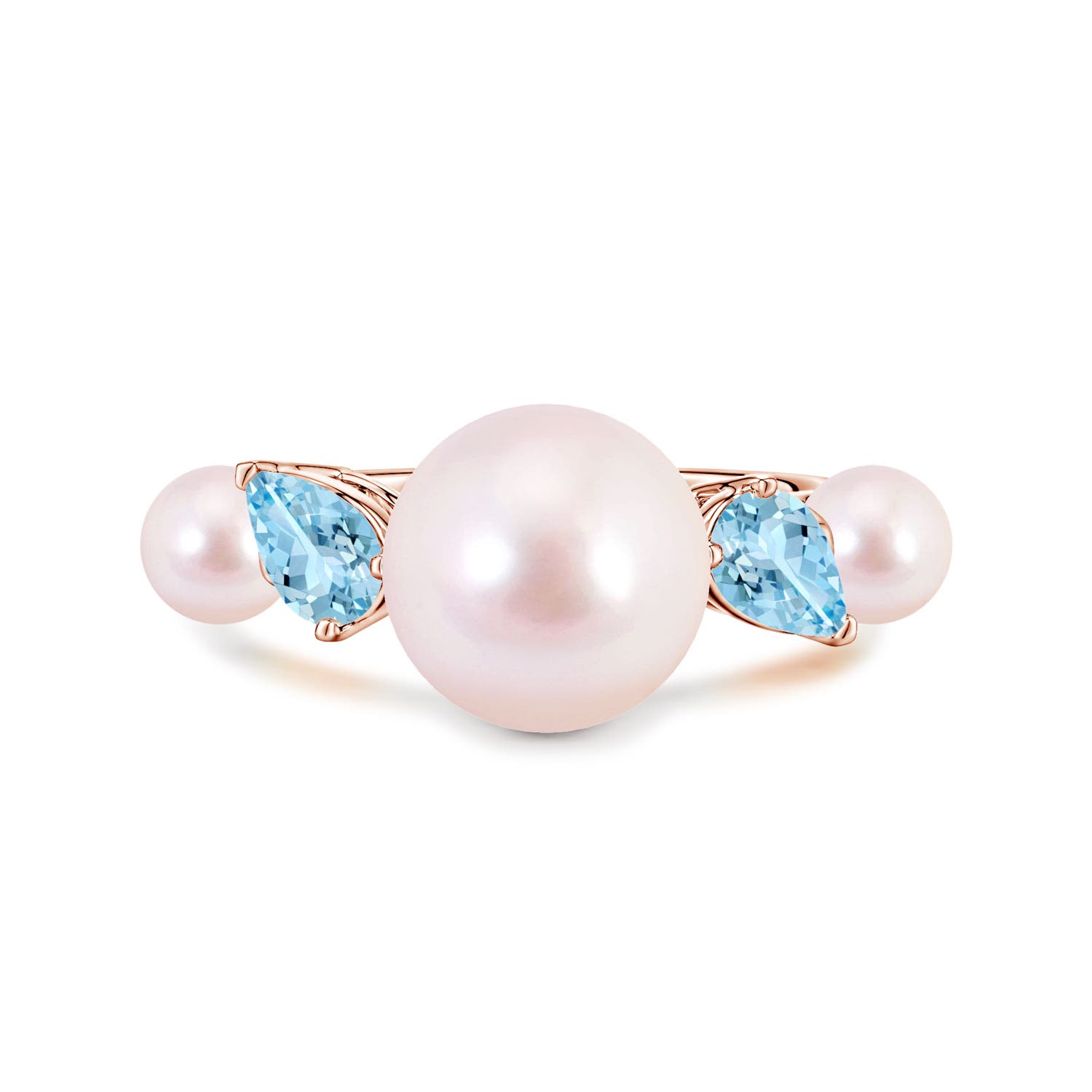 10mm AAAA Akoya Pearl and Tilted Pear Aquamarine Tapered Shank Ring in Rose Gold