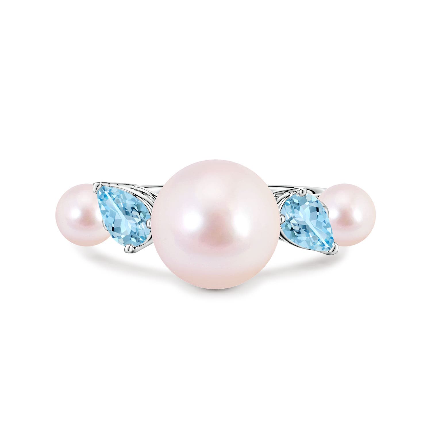 10mm AAAA Akoya Pearl and Tilted Pear Aquamarine Tapered Shank Ring in White Gold