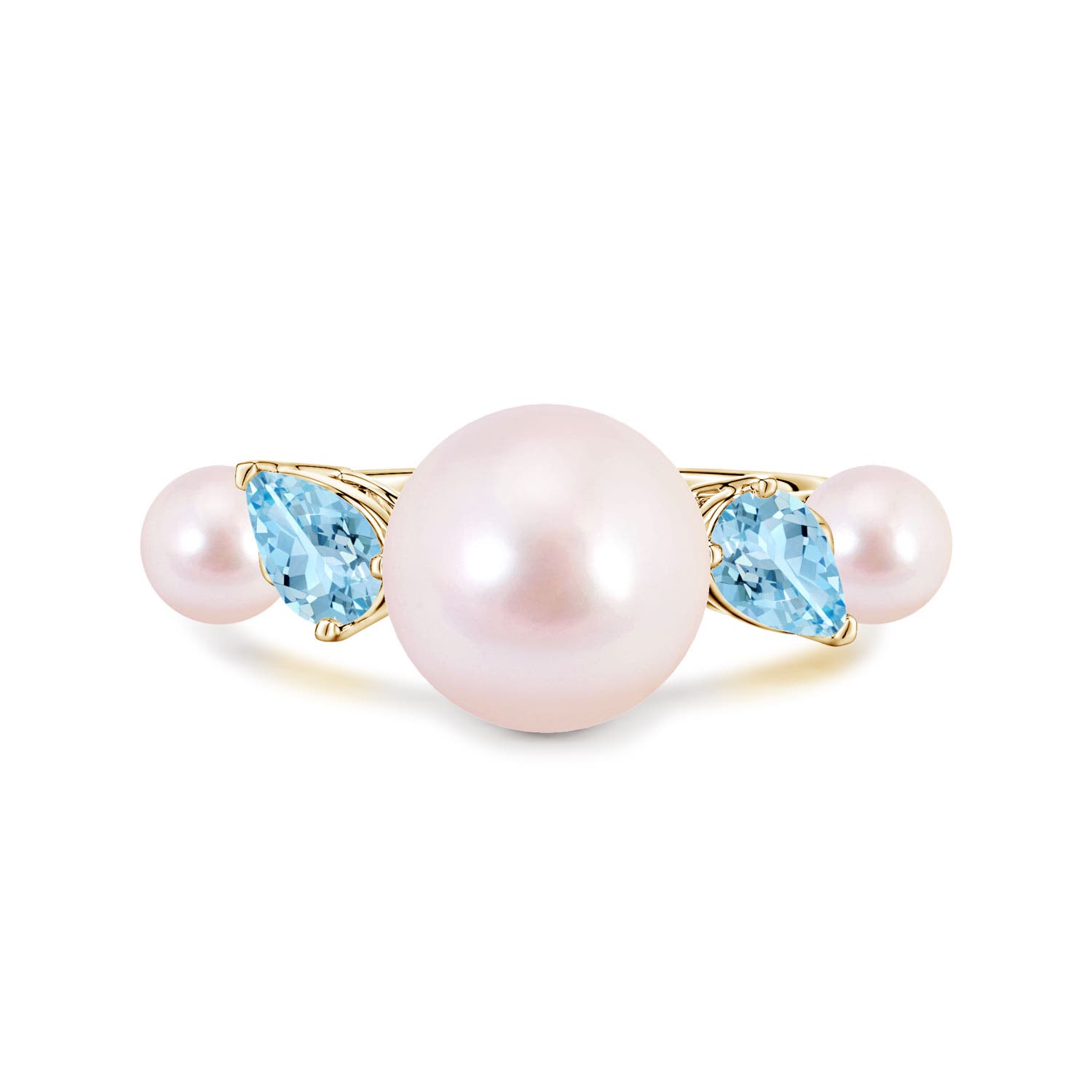 10mm AAAA Akoya Pearl and Tilted Pear Aquamarine Tapered Shank Ring in Yellow Gold