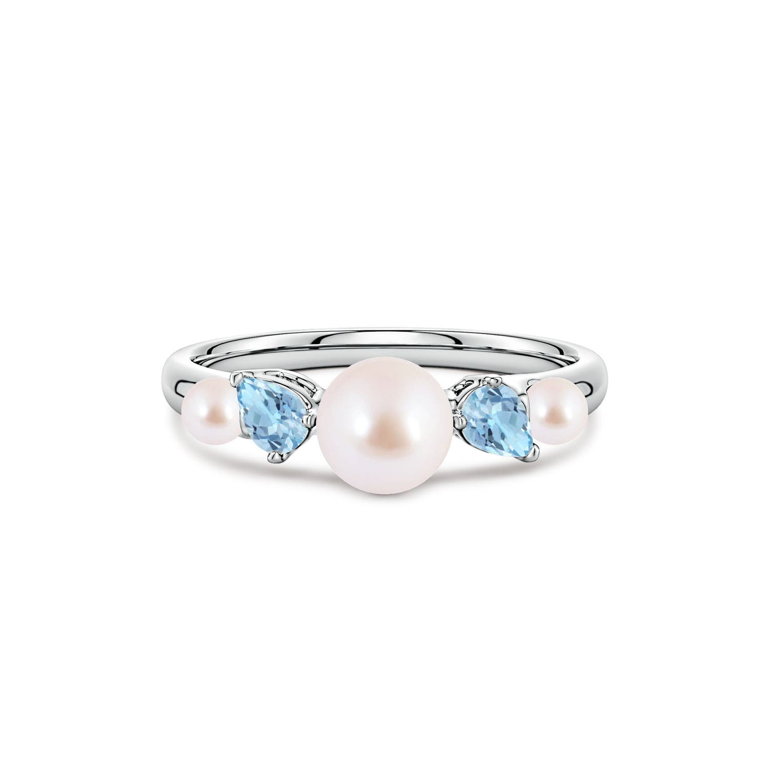6mm AAA Akoya Pearl and Tilted Pear Aquamarine Tapered Shank Ring in White Gold