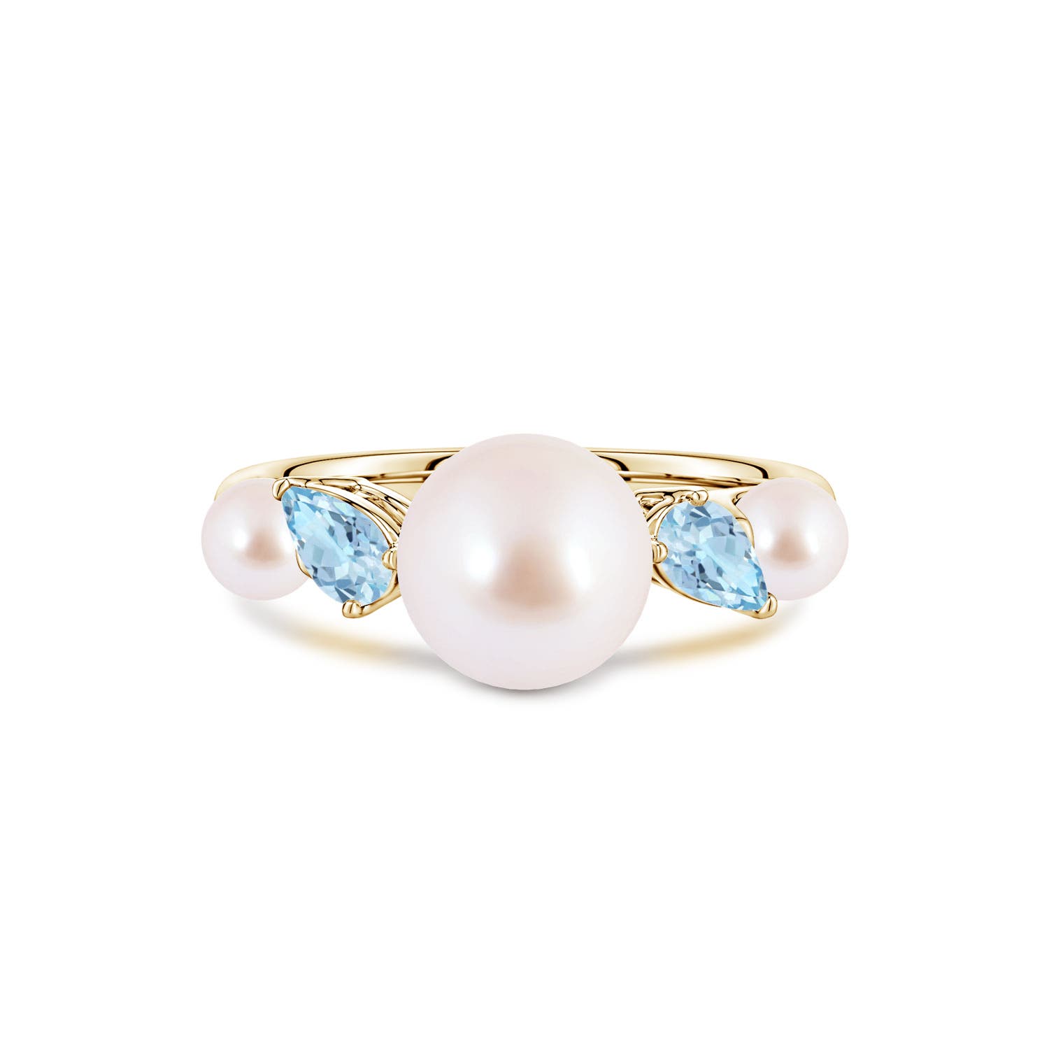 8mm AAA Akoya Pearl and Tilted Pear Aquamarine Tapered Shank Ring in 18K Yellow Gold