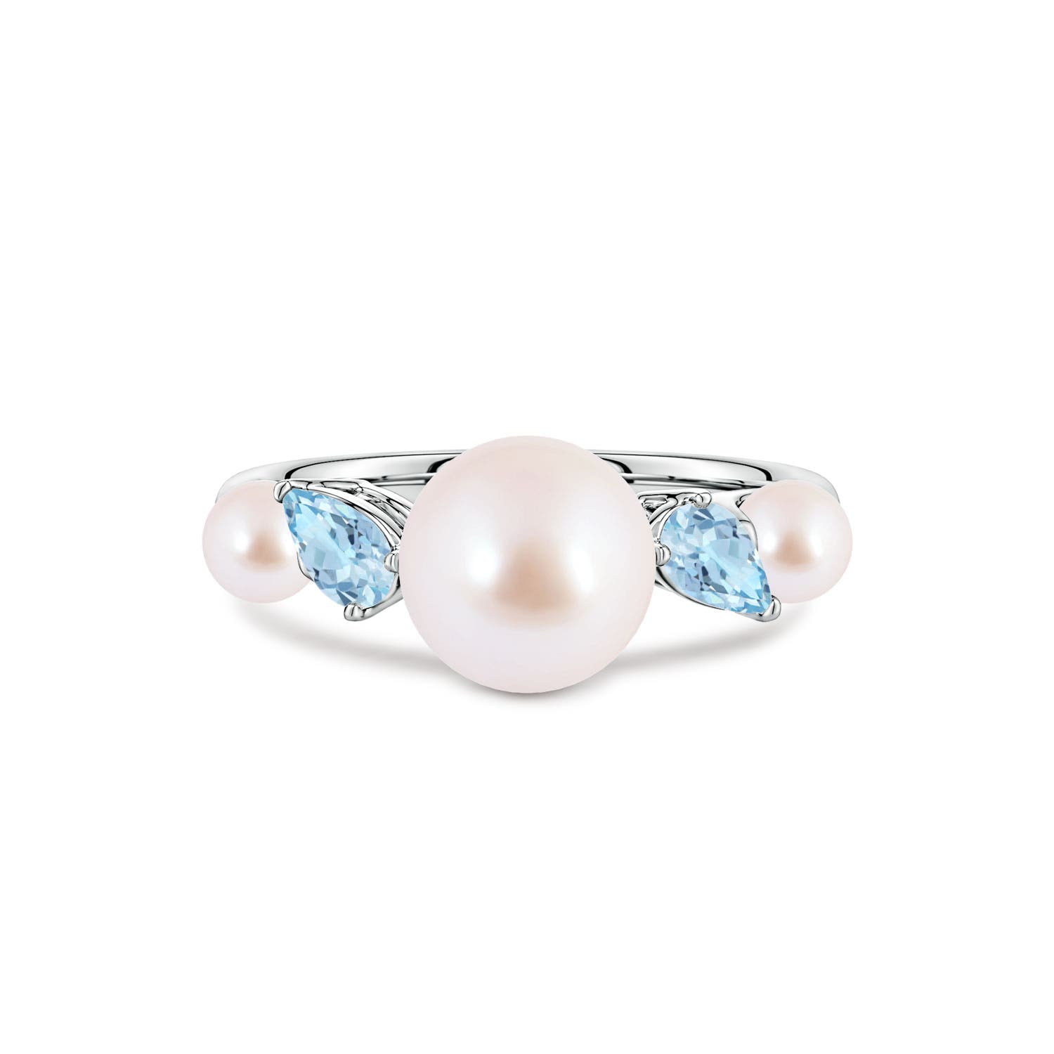 8mm AAA Akoya Pearl and Tilted Pear Aquamarine Tapered Shank Ring in White Gold