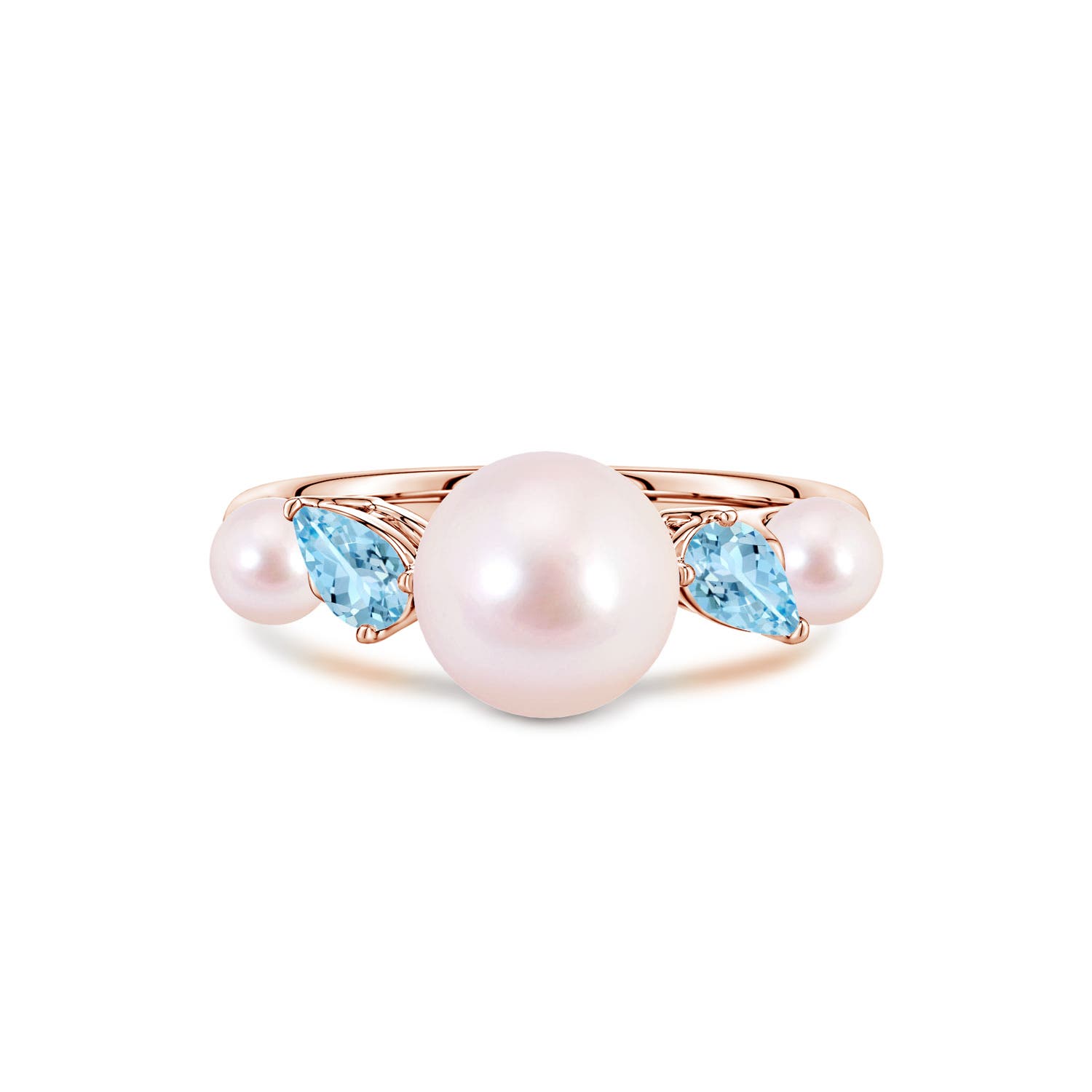 8mm AAAA Akoya Pearl and Tilted Pear Aquamarine Tapered Shank Ring in Rose Gold