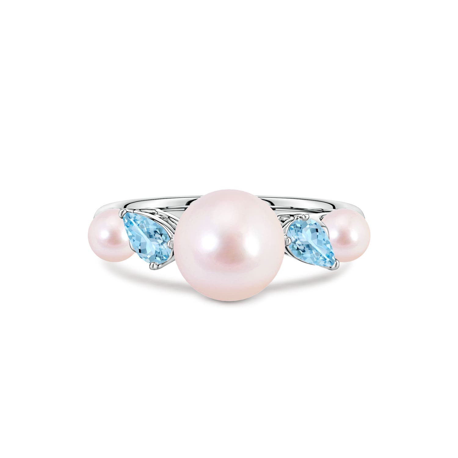 8mm AAAA Akoya Pearl and Tilted Pear Aquamarine Tapered Shank Ring in White Gold