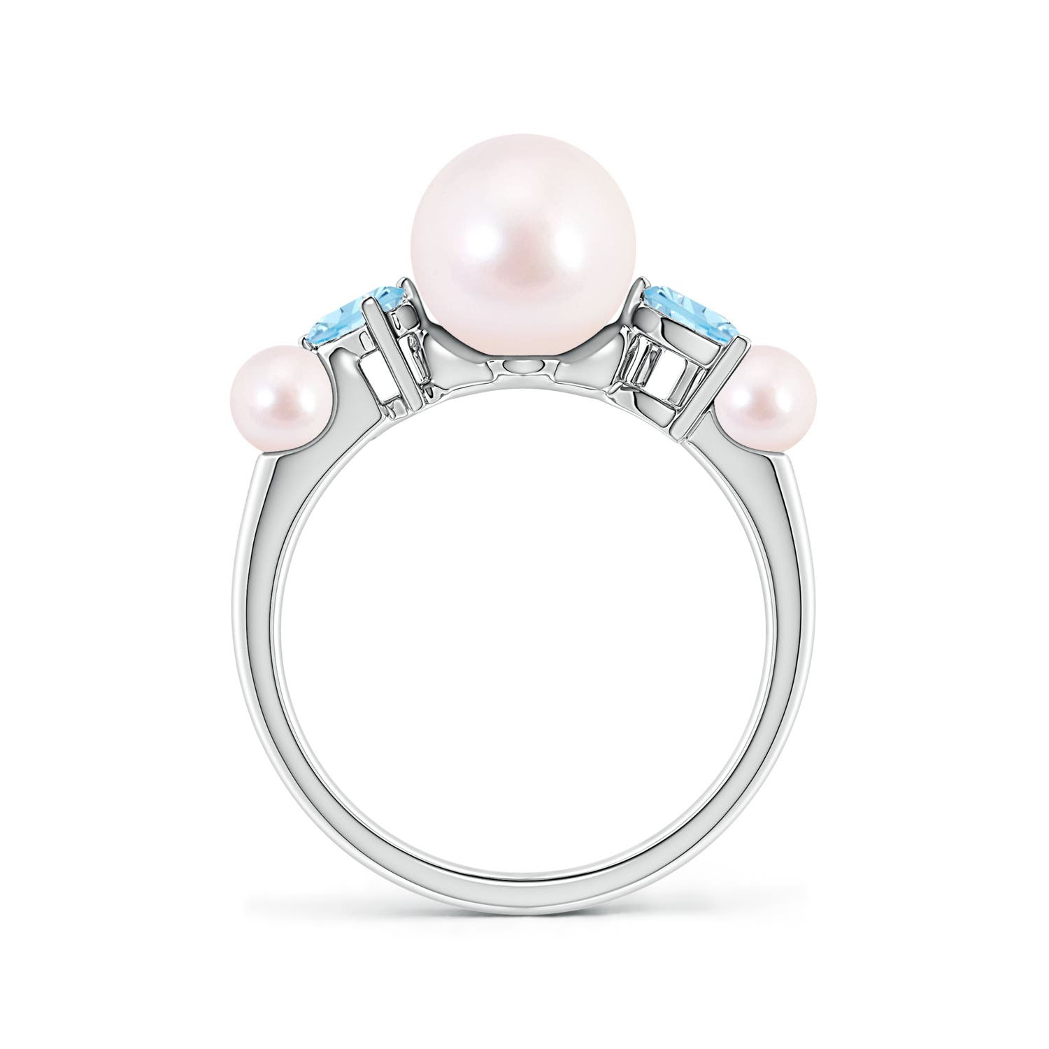 8mm AAAA Akoya Pearl and Tilted Pear Aquamarine Tapered Shank Ring in White Gold