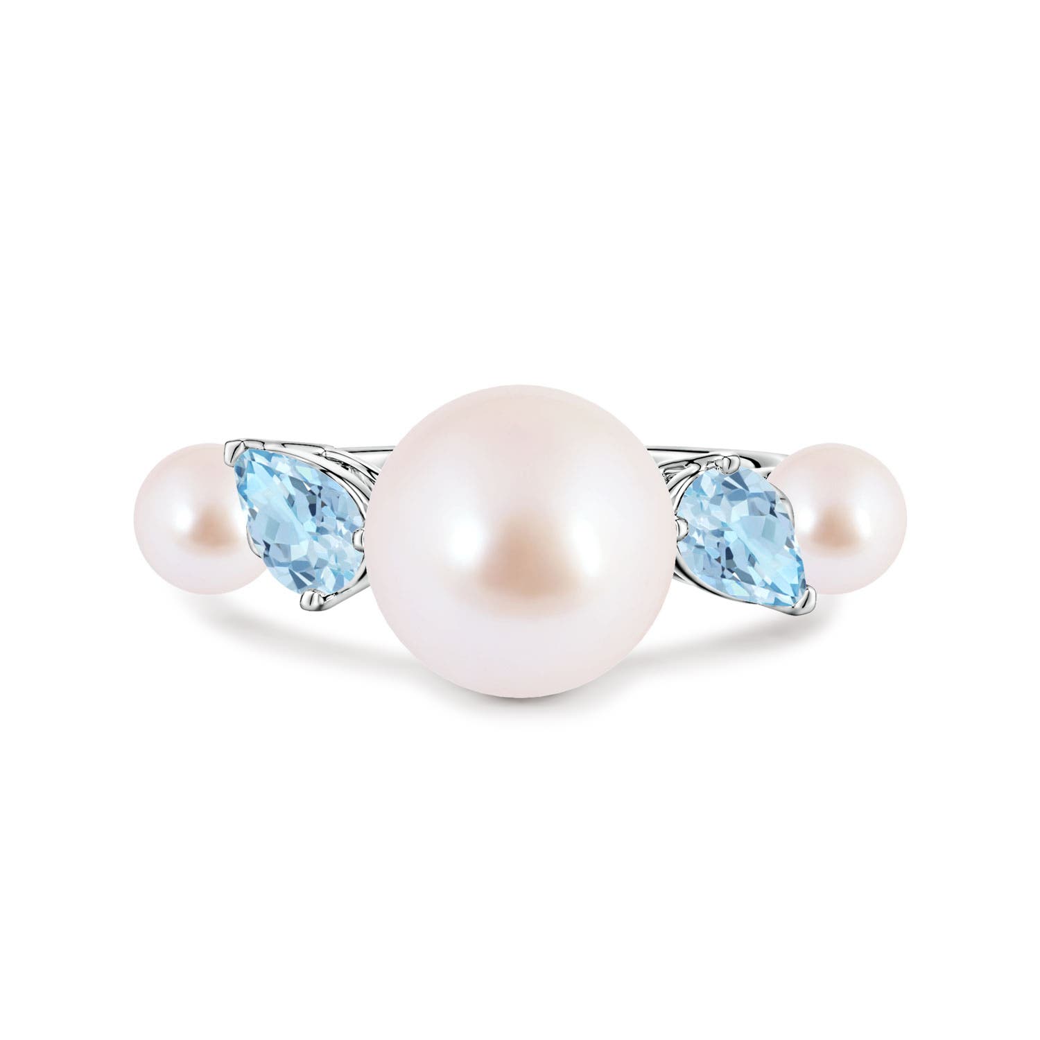 Ring aus Weißgold mit 9 mm AAA-Akoya-Perle und schräg geschliffenem, birnenförmigem Aquamarin auf schmal zulaufender Ringschiene