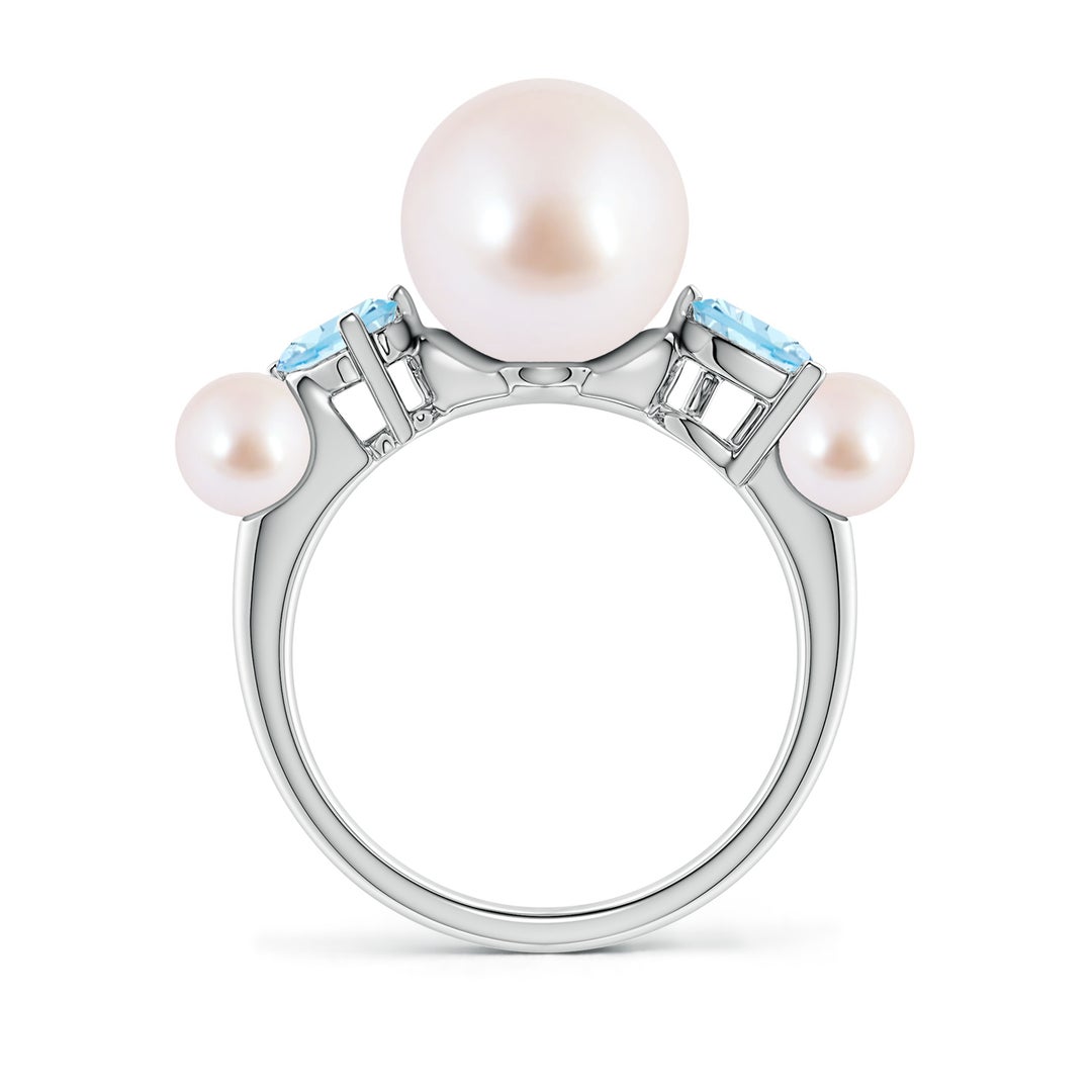 9mm AAA Akoya Pearl and Tilted Pear Aquamarine Tapered Shank Ring in White Gold - side 2