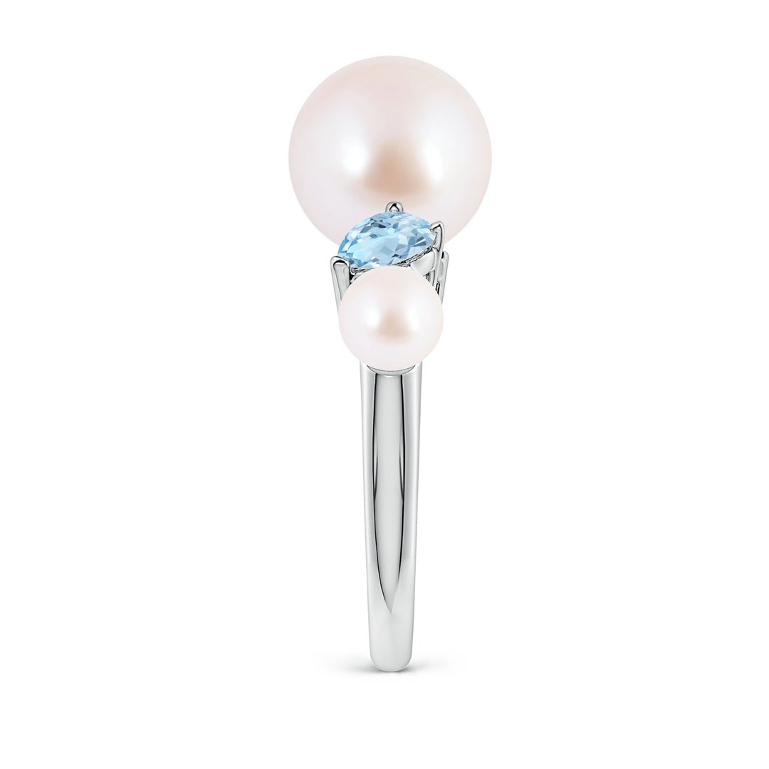 9mm AAA Akoya Pearl and Tilted Pear Aquamarine Tapered Shank Ring in White Gold - side 3