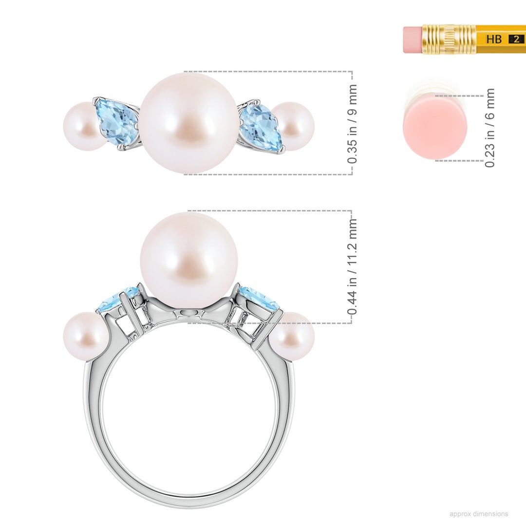 9mm AAA Akoya Pearl and Tilted Pear Aquamarine Tapered Shank Ring in White Gold - ruler