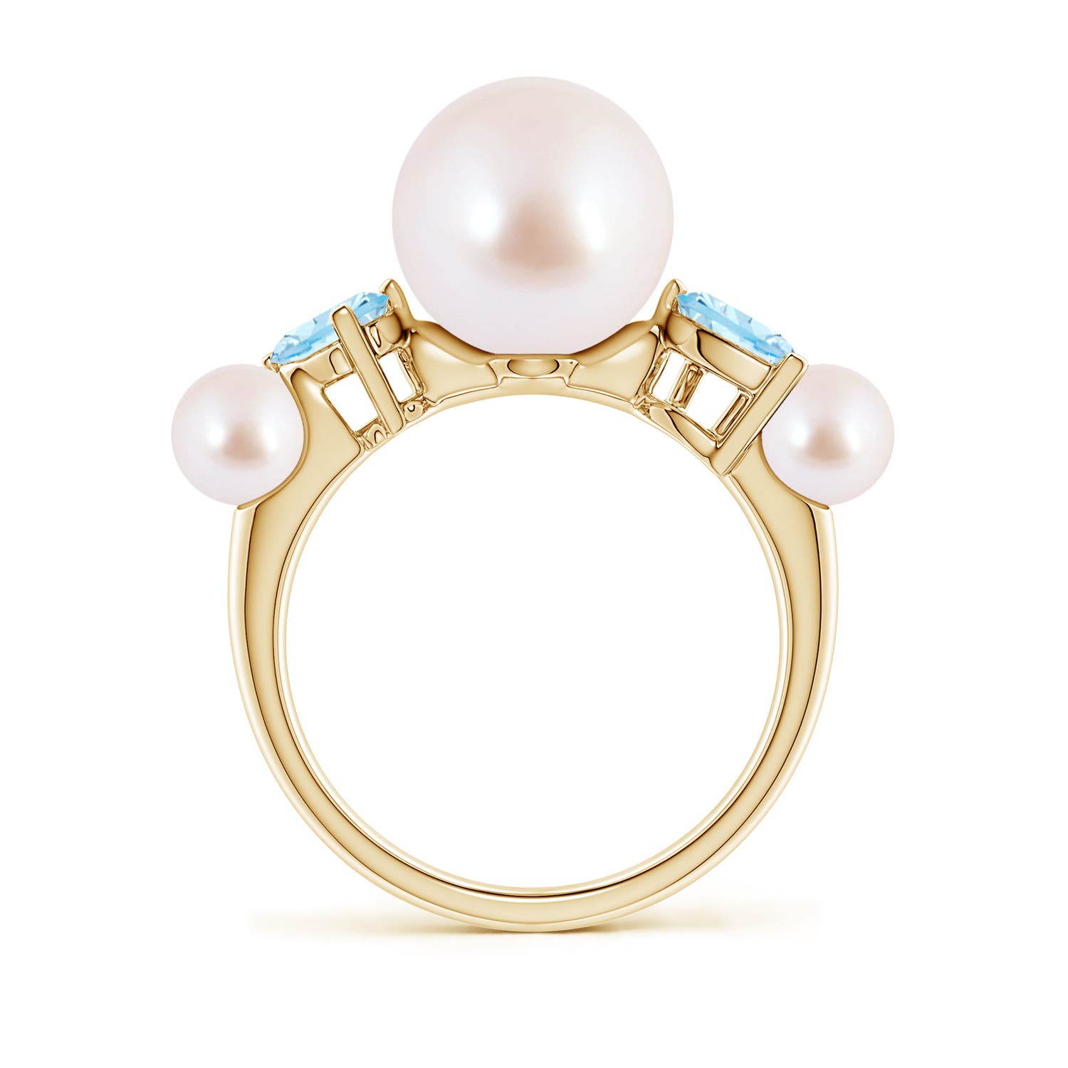 9mm AAA Akoya Pearl and Tilted Pear Aquamarine Tapered Shank Ring in Yellow Gold