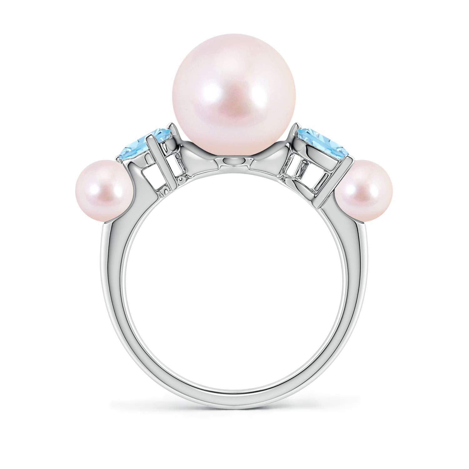 9mm AAAA Akoya Pearl and Tilted Pear Aquamarine Tapered Shank Ring in White Gold