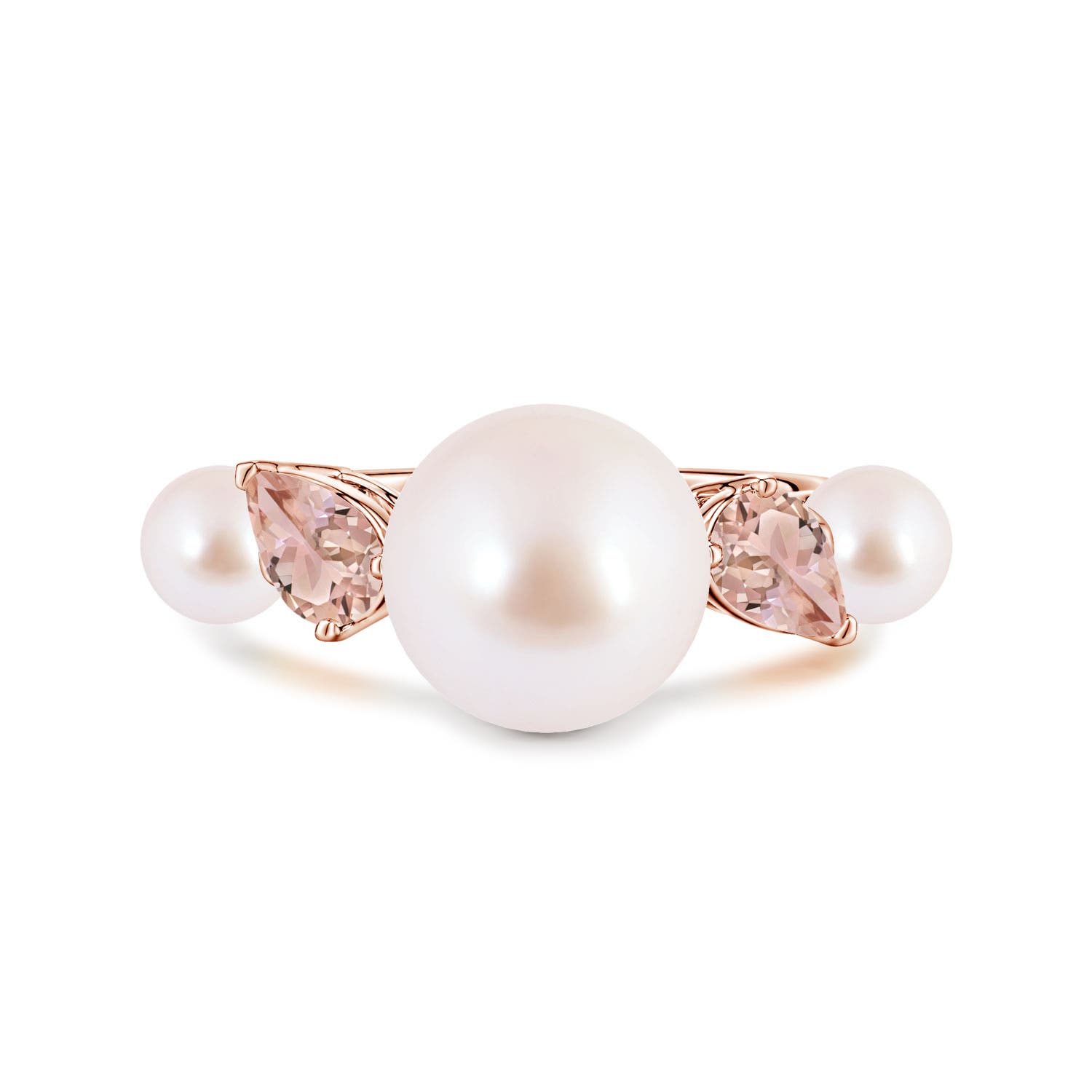 10mm AAA Akoya Pearl and Tilted Pear Morganite Tapered Shank Ring in Rose Gold