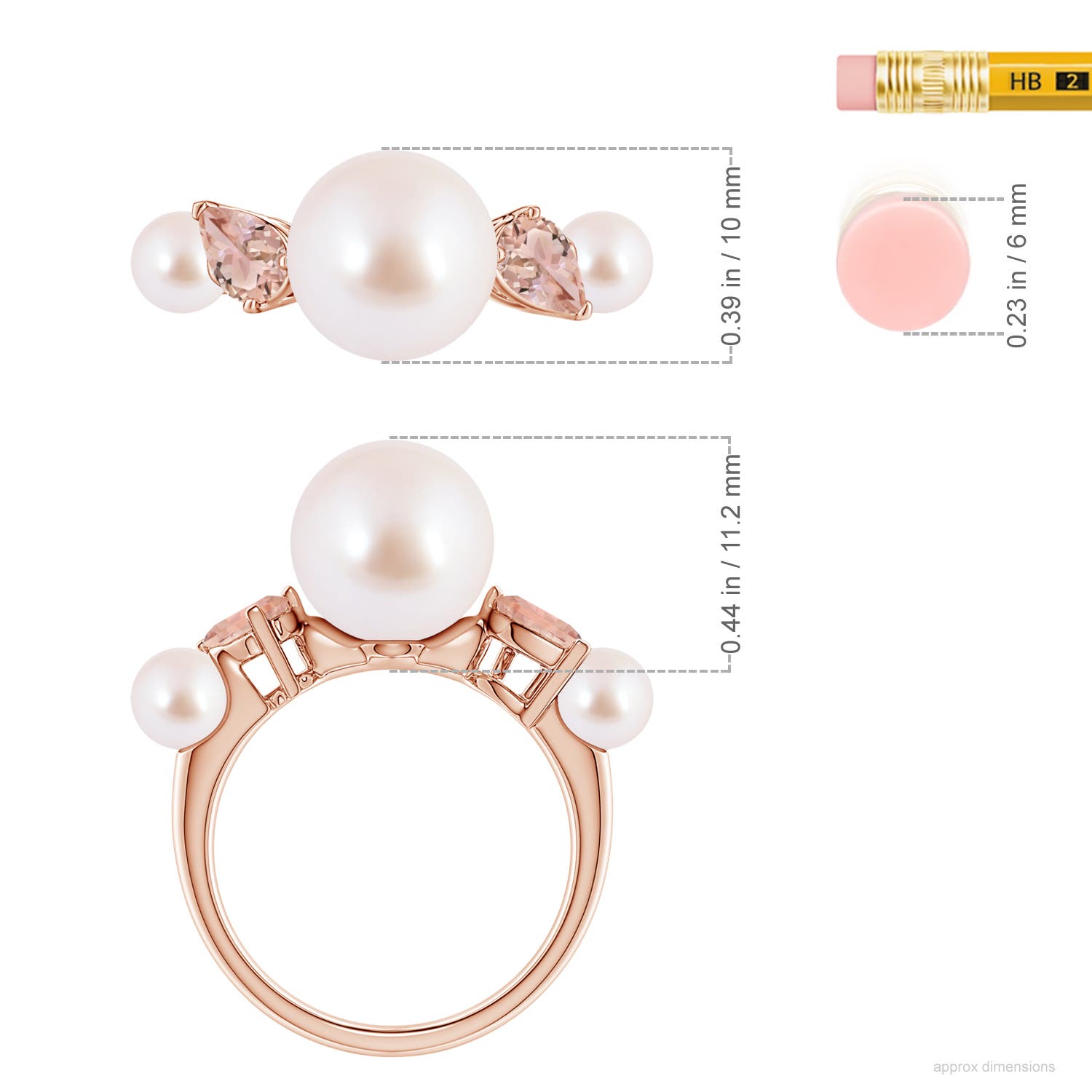 10mm AAA Akoya Pearl and Tilted Pear Morganite Tapered Shank Ring in Rose Gold - ruler