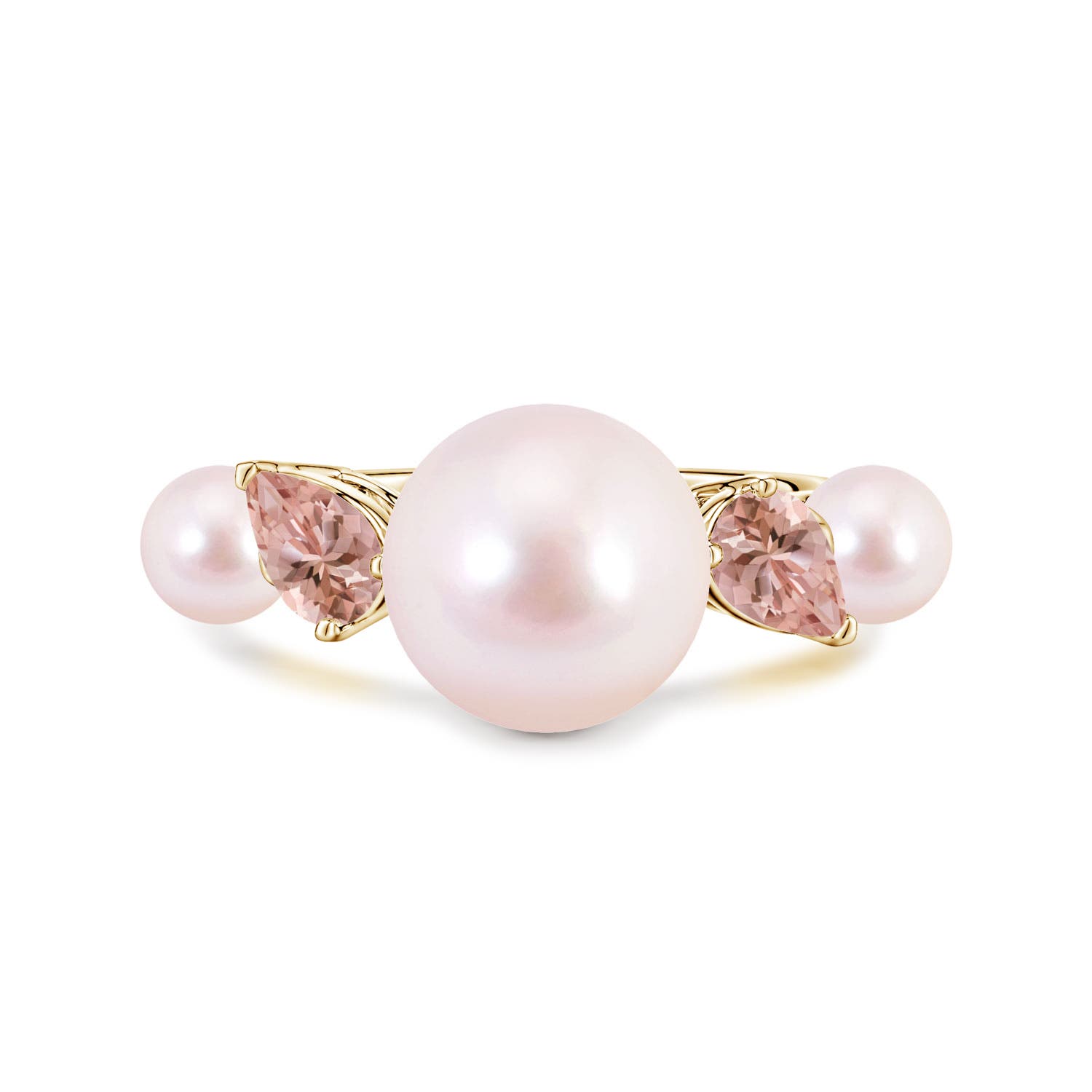 10mm AAAA Akoya Pearl and Tilted Pear Morganite Tapered Shank Ring in Yellow Gold