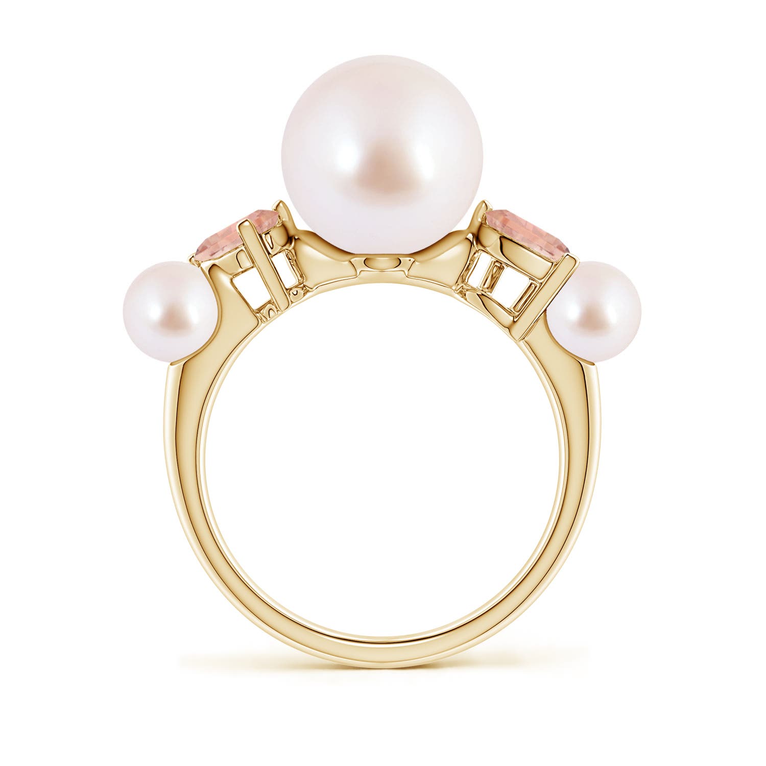 9mm AAA Akoya Pearl and Tilted Pear Morganite Tapered Shank Ring in Yellow Gold