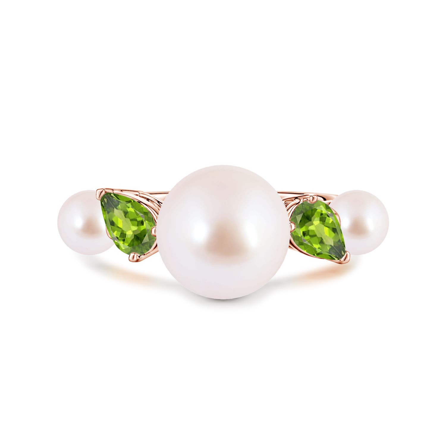 10mm AAA Akoya Pearl and Tilted Pear Peridot Tapered Shank Ring in 18K Rose Gold