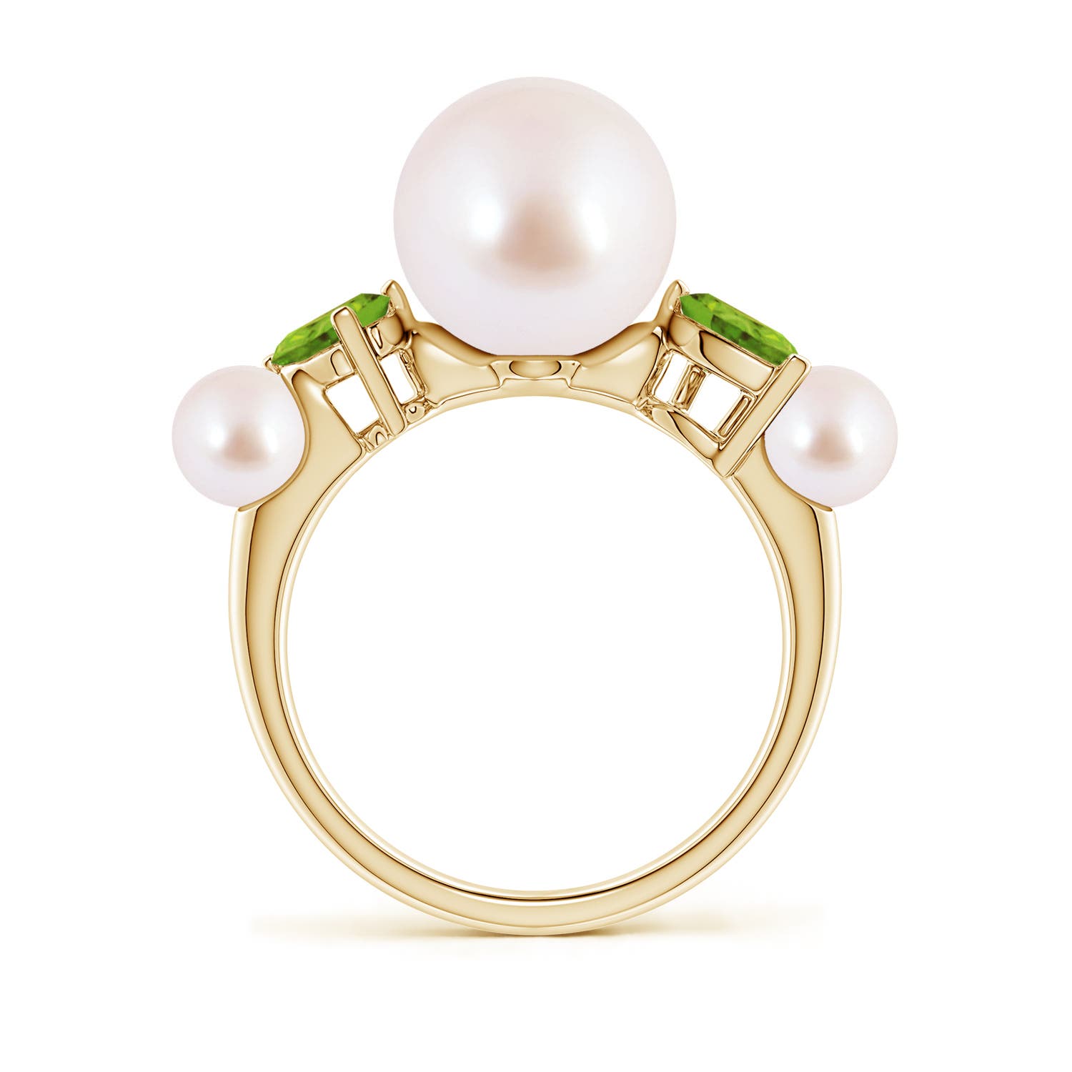 10mm AAA Akoya Pearl and Tilted Pear Peridot Tapered Shank Ring in Yellow Gold - side 2