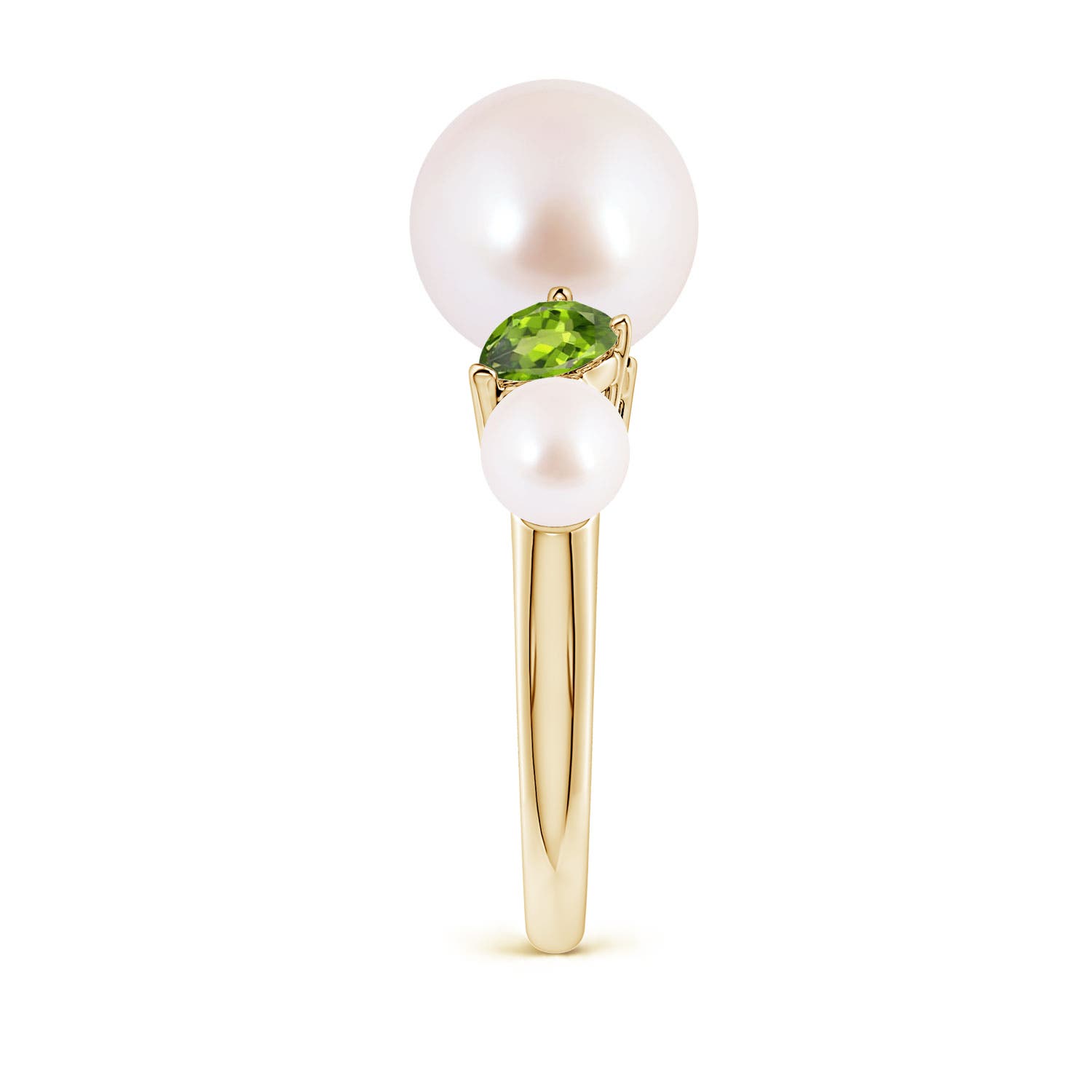 10mm AAA Akoya Pearl and Tilted Pear Peridot Tapered Shank Ring in Yellow Gold - side 3