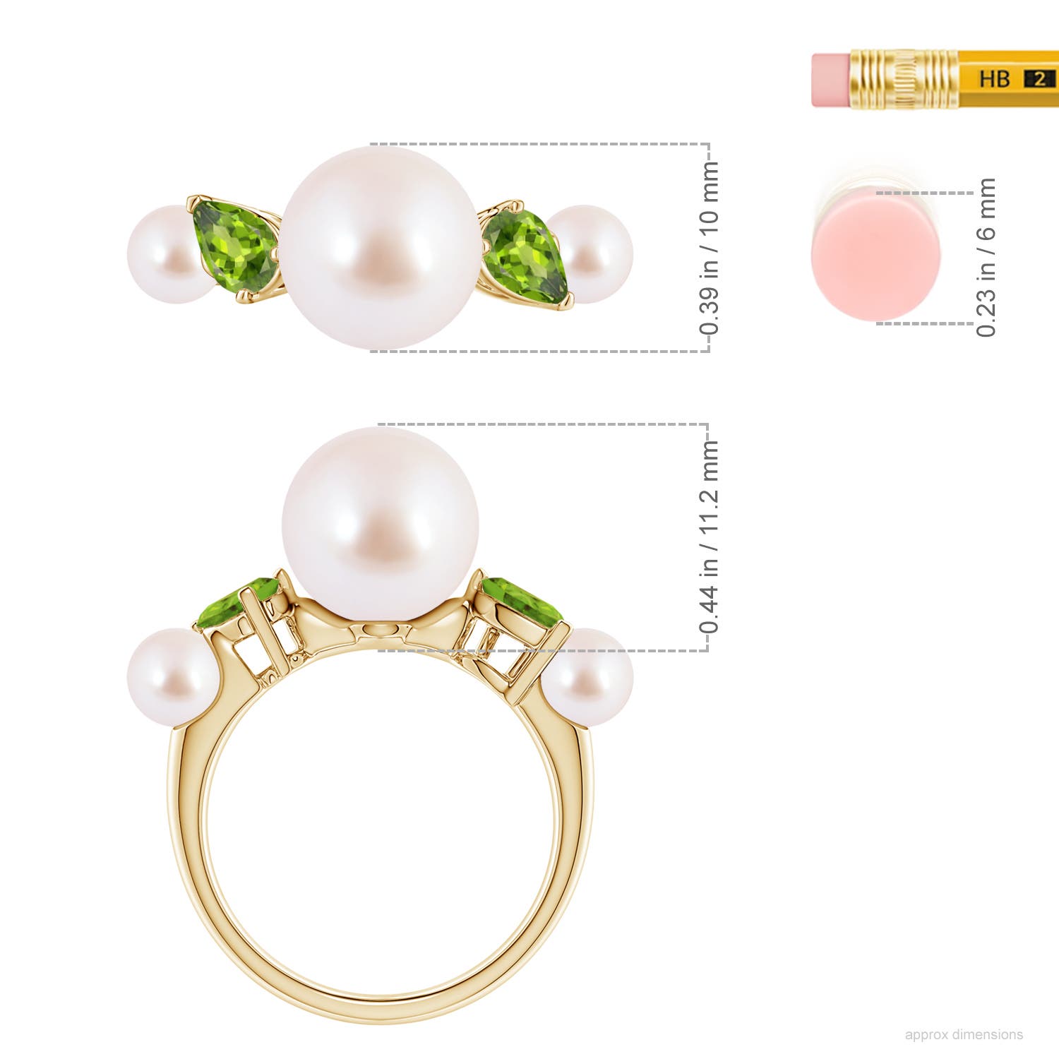 10mm AAA Akoya Pearl and Tilted Pear Peridot Tapered Shank Ring in Yellow Gold - ruler