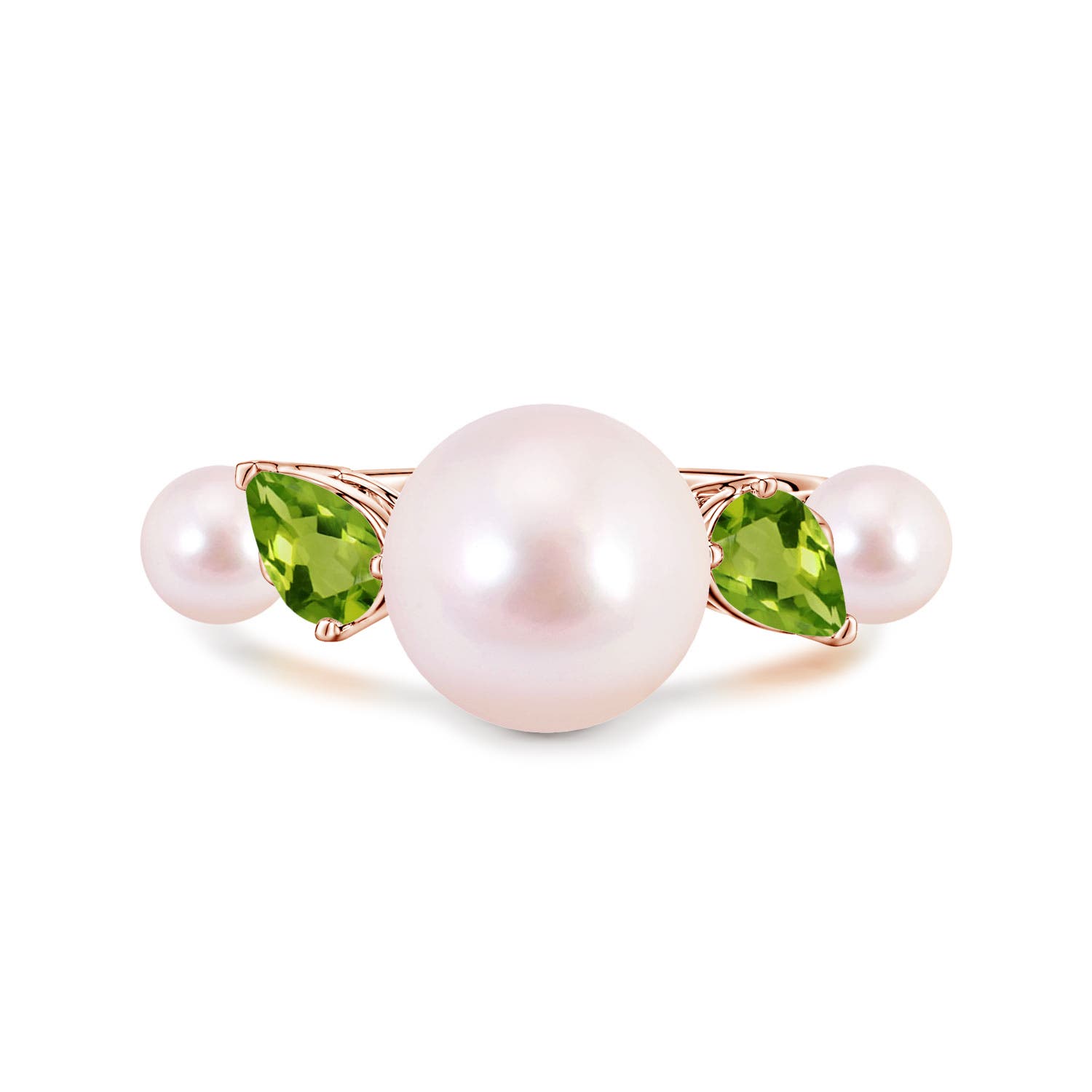 10mm AAAA Akoya Pearl and Tilted Pear Peridot Tapered Shank Ring in Rose Gold
