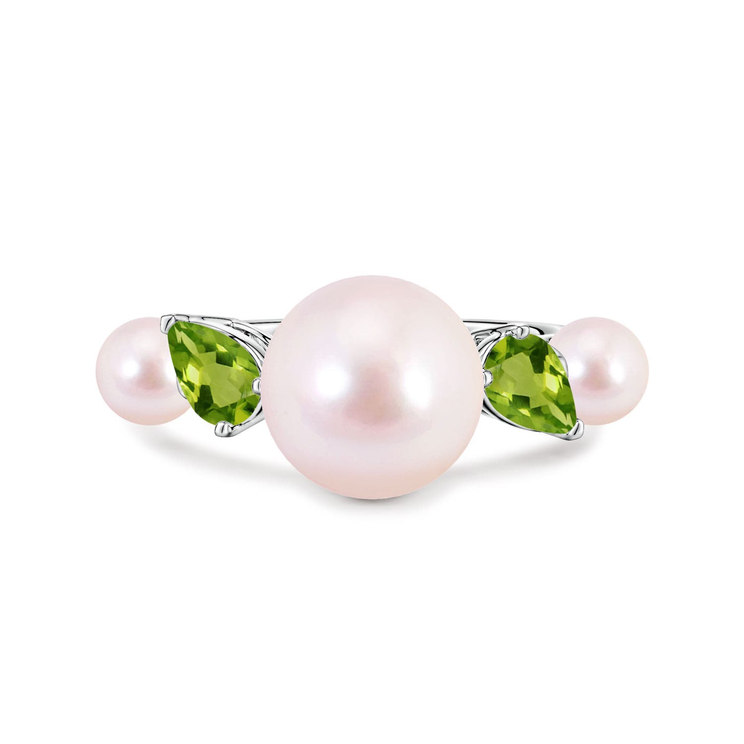 10mm AAAA Akoya Pearl and Tilted Pear Peridot Tapered Shank Ring in White Gold