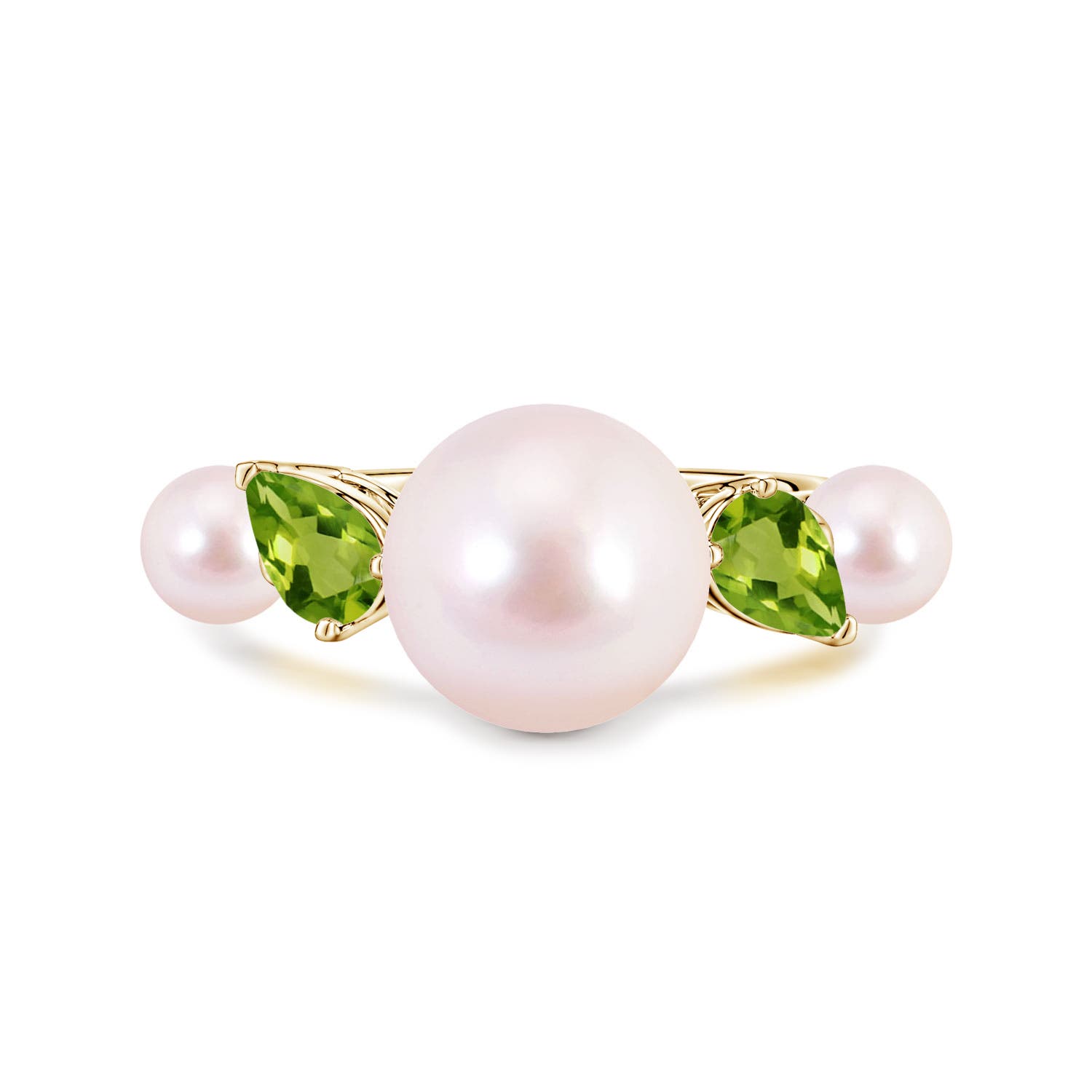 10mm AAAA Akoya Pearl and Tilted Pear Peridot Tapered Shank Ring in Yellow Gold