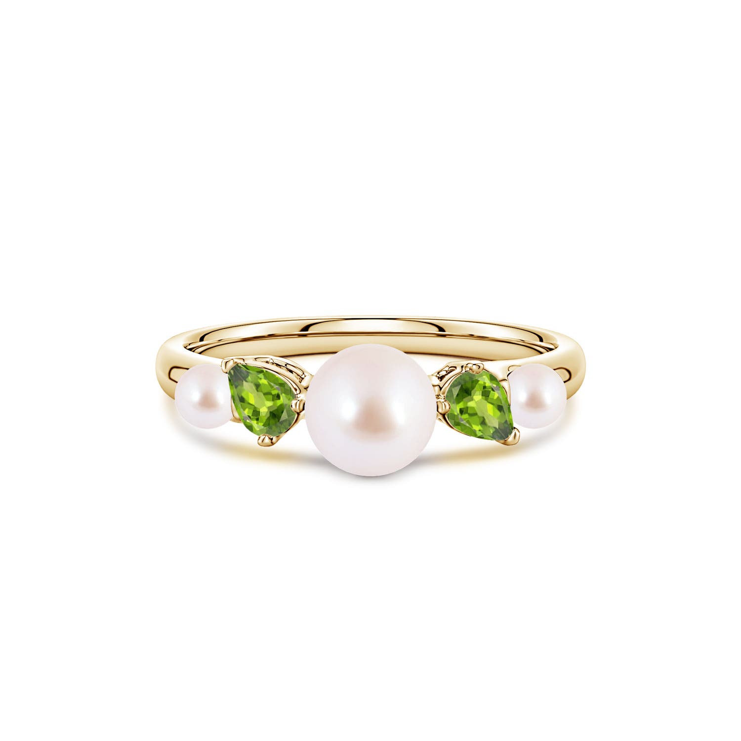 6mm AAA Akoya Pearl and Tilted Pear Peridot Tapered Shank Ring in 18CT Yellow Gold