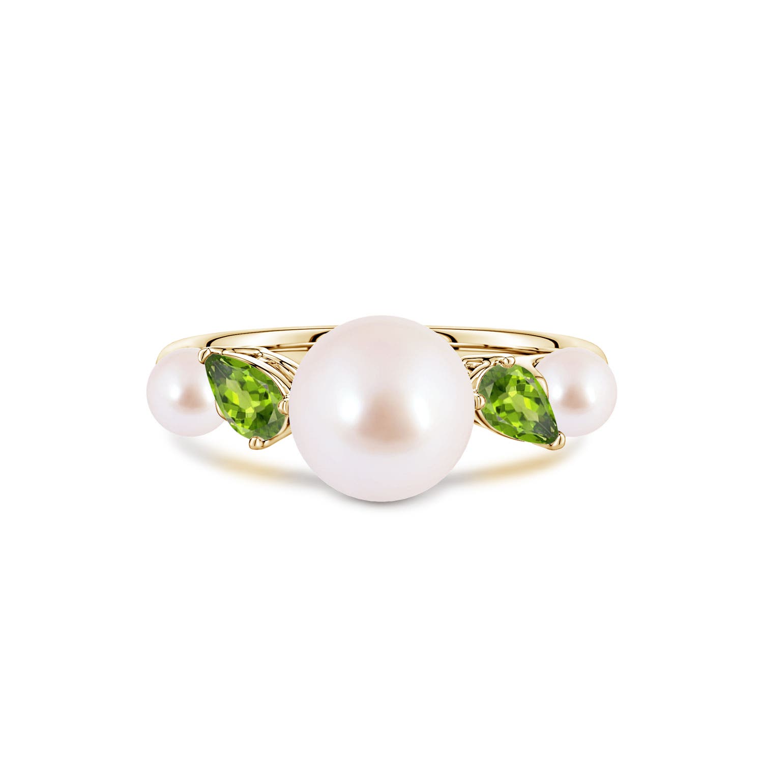 8mm AAA Akoya Pearl and Tilted Pear Peridot Tapered Shank Ring in 18CT Yellow Gold