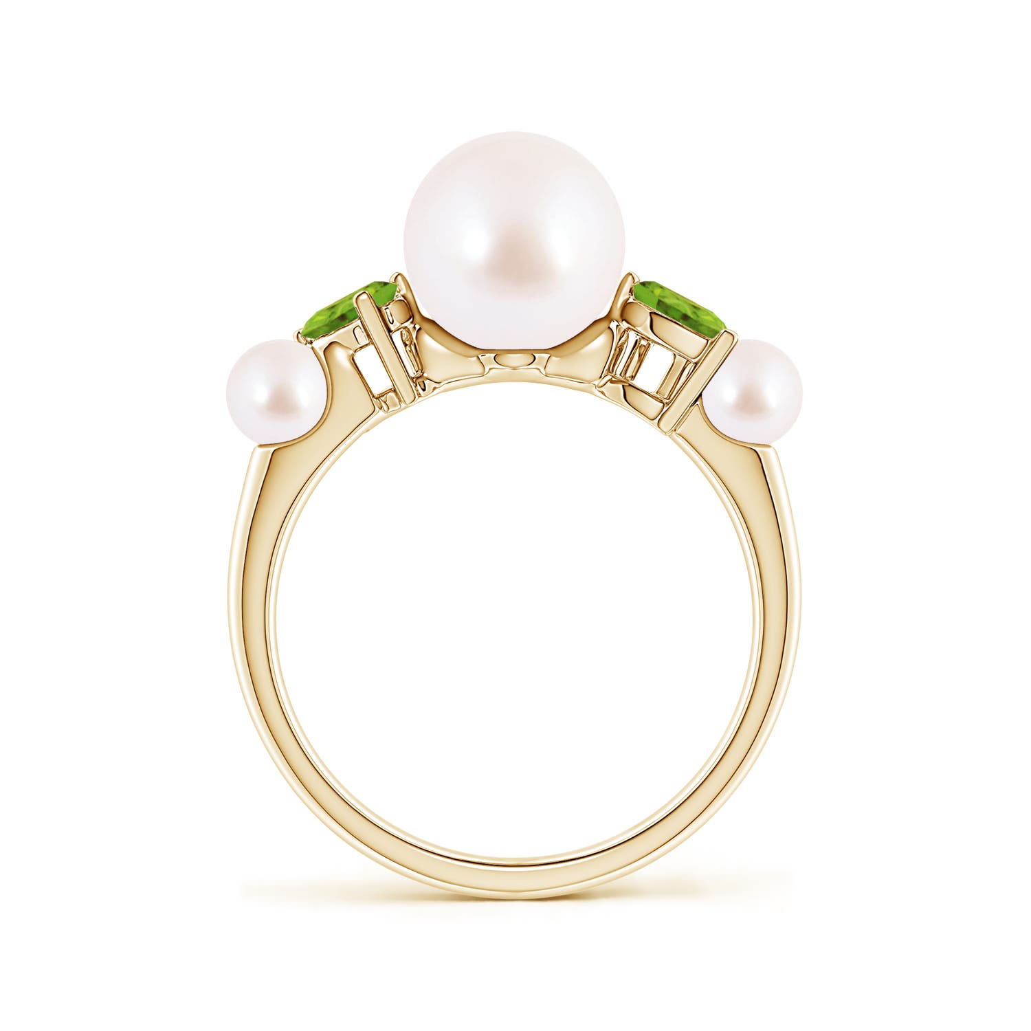 8mm AAA Akoya Pearl and Tilted Pear Peridot Tapered Shank Ring in 18K Yellow Gold