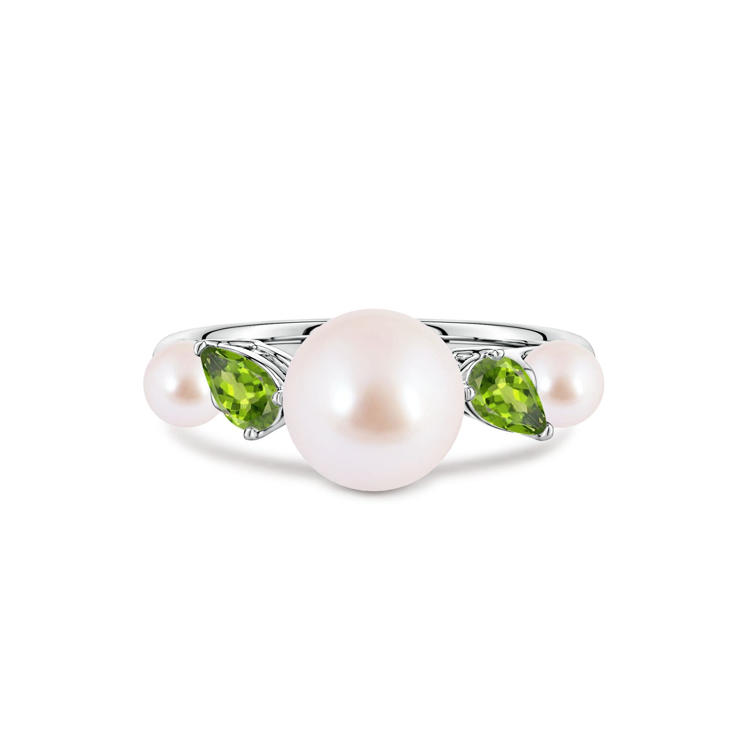 8mm AAA Akoya Pearl and Tilted Pear Peridot Tapered Shank Ring in White Gold