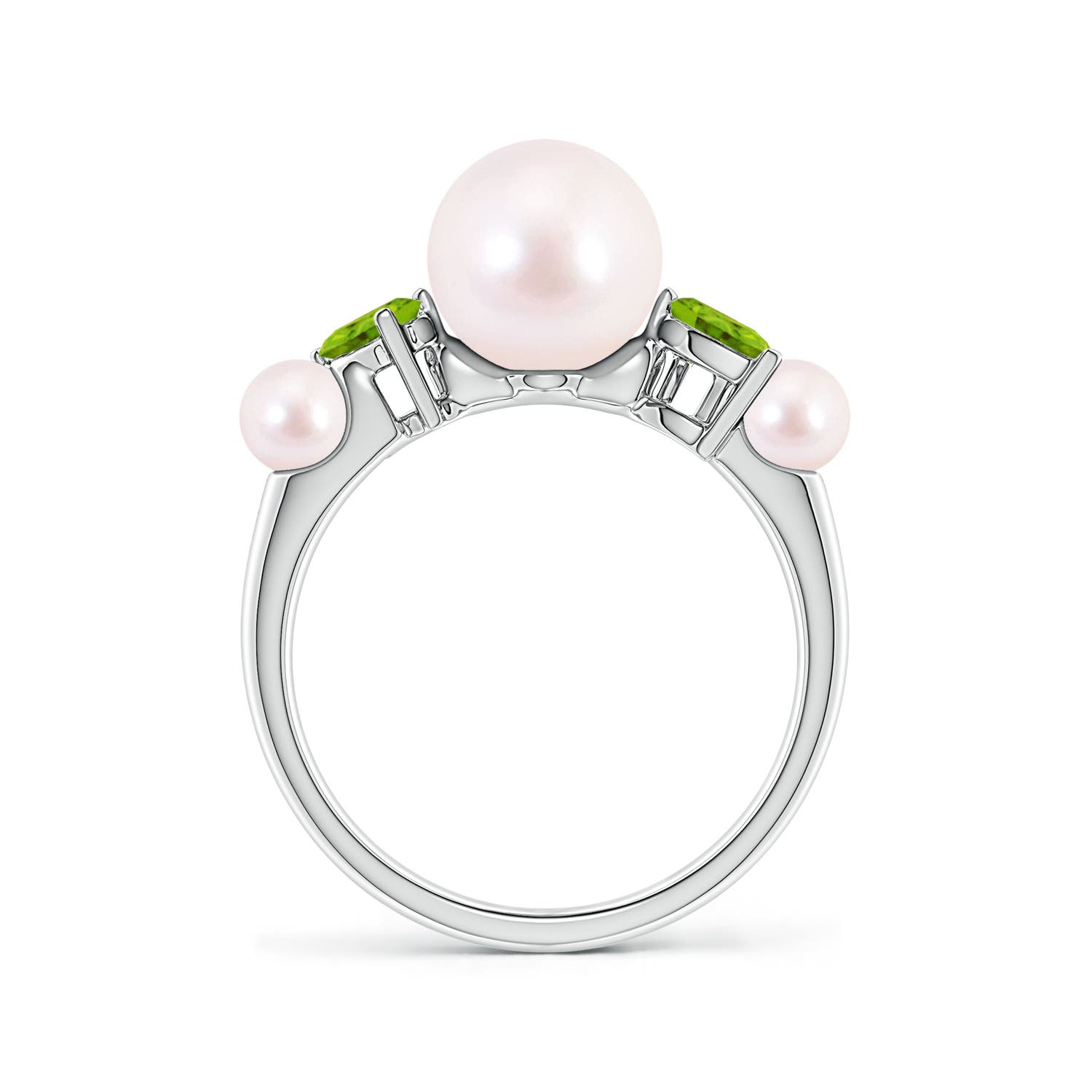 8mm AAAA Akoya Pearl and Tilted Pear Peridot Tapered Shank Ring in White Gold