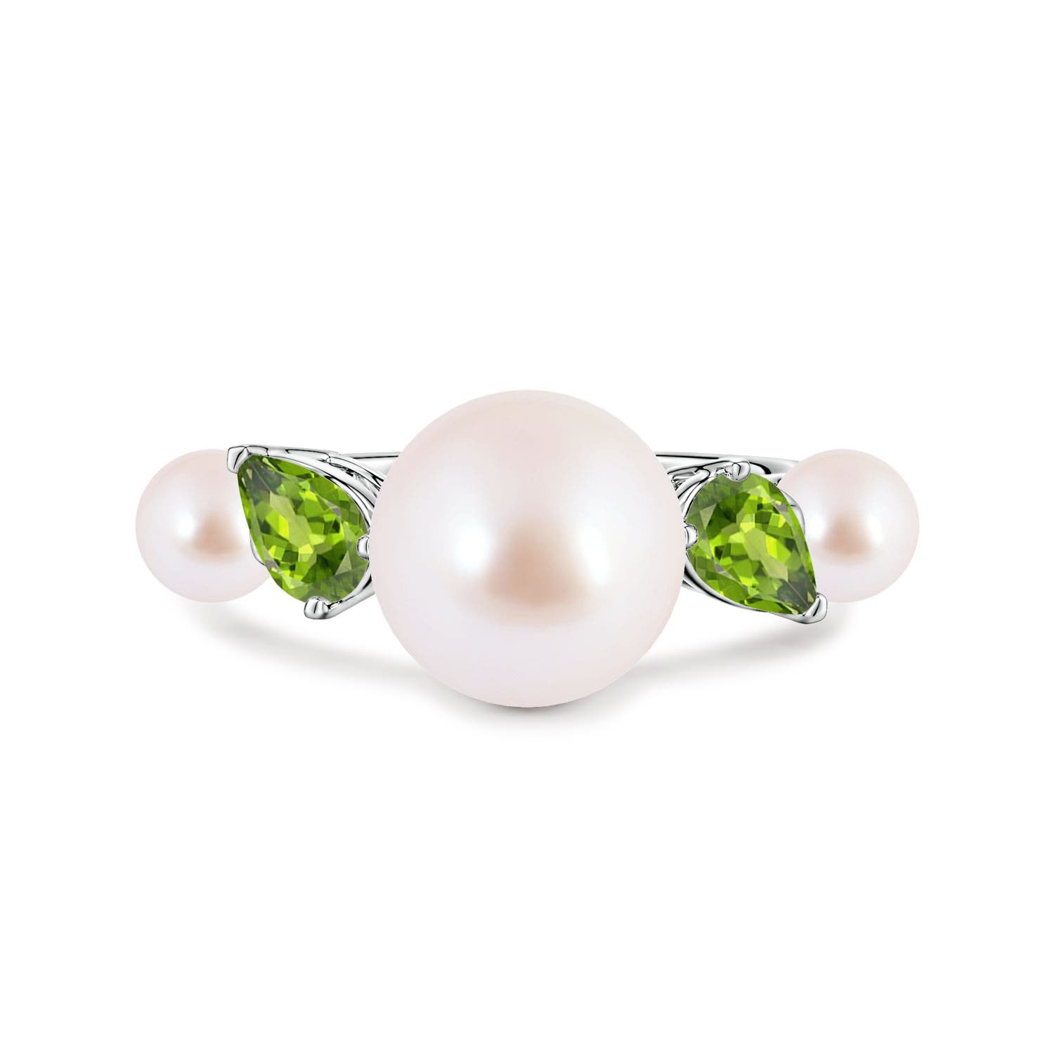 9mm AAA Akoya Pearl and Tilted Pear Peridot Tapered Shank Ring in 18CT White Gold