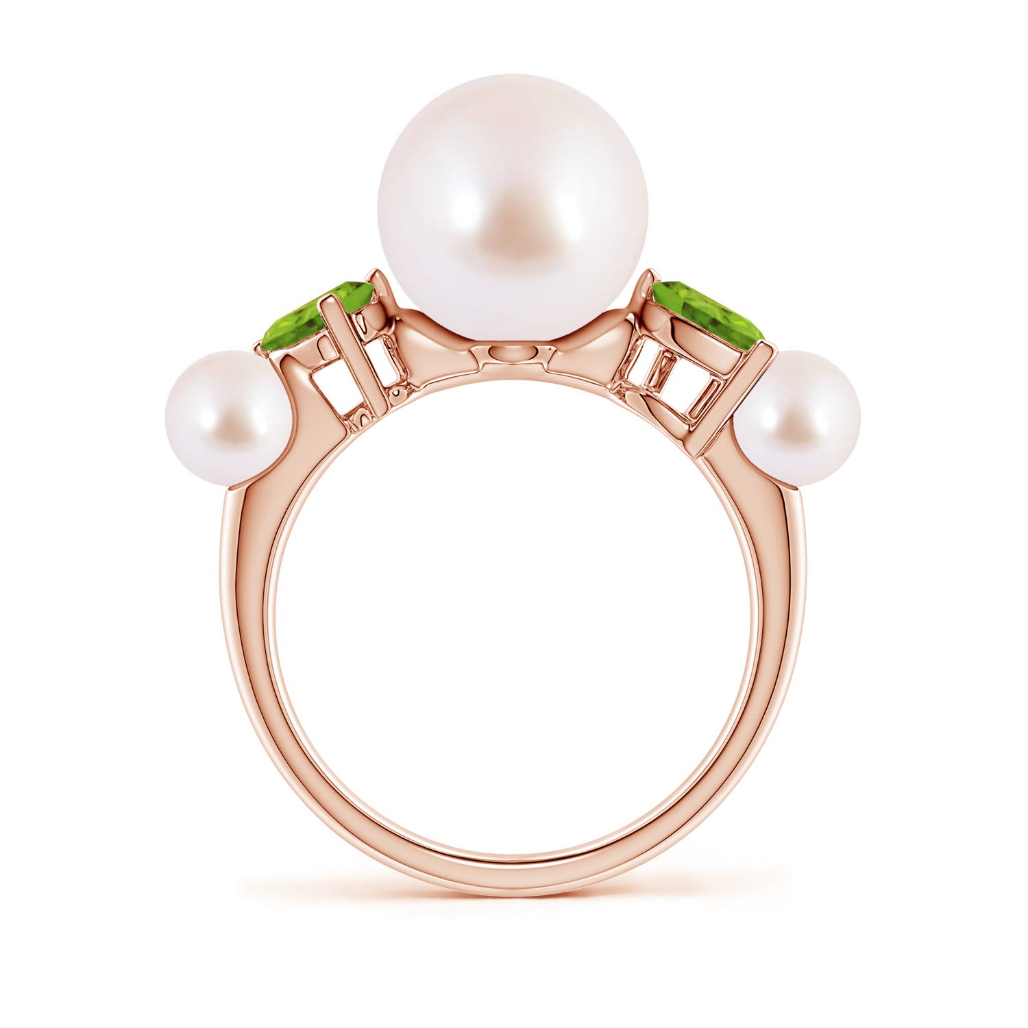 9mm AAA Akoya Pearl and Tilted Pear Peridot Tapered Shank Ring in Rose Gold